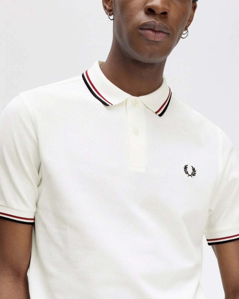 Fred Perry Mens Twin Tipped Signature Polo Shirt NOS - Snow White/Burnt Red/Navy T60 - Image 2