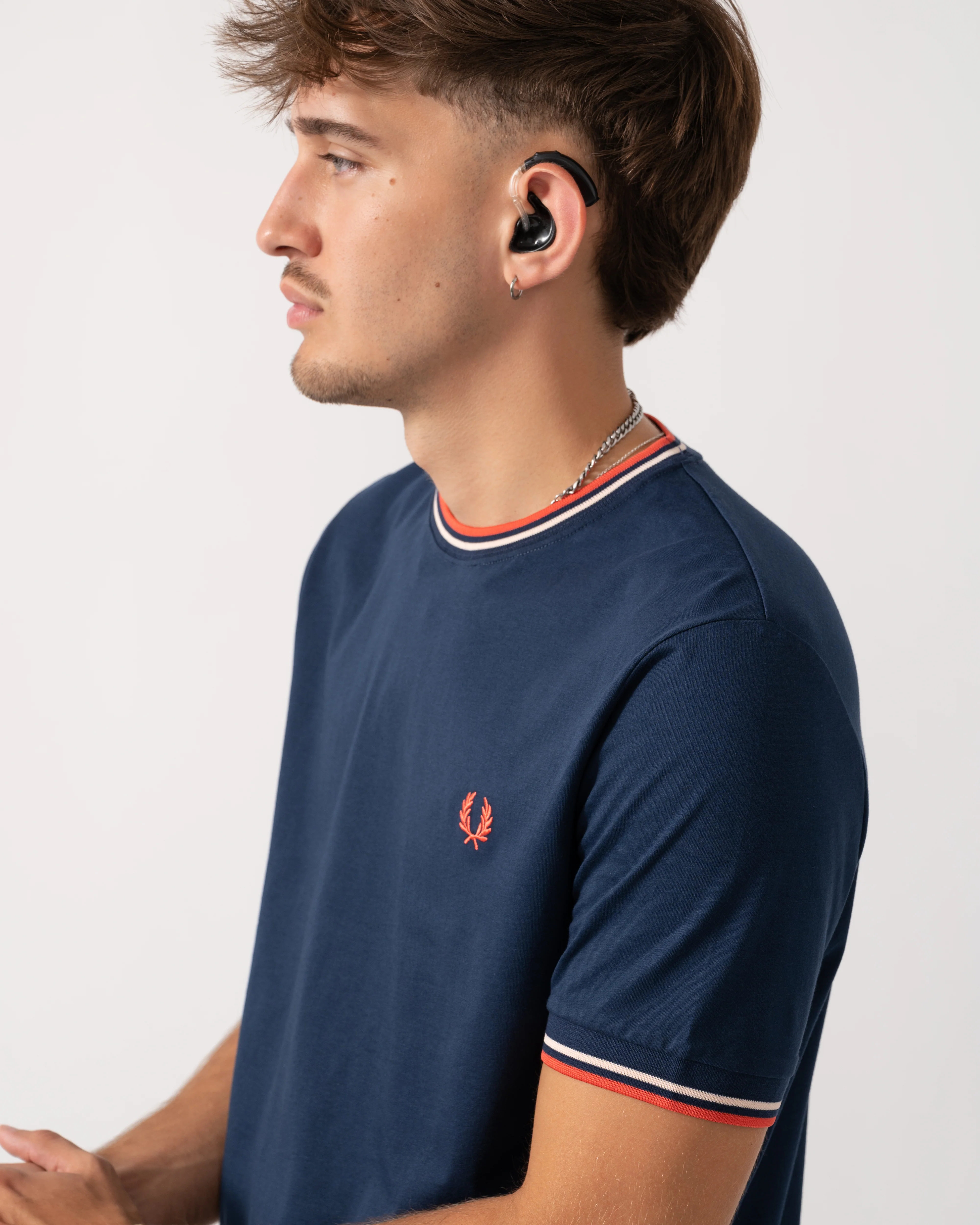 Fred Perry Mens Twin Tipped T-Shirt - Tennis Blue/Silky Peach/Flamingo Tan Z57 - Image 3