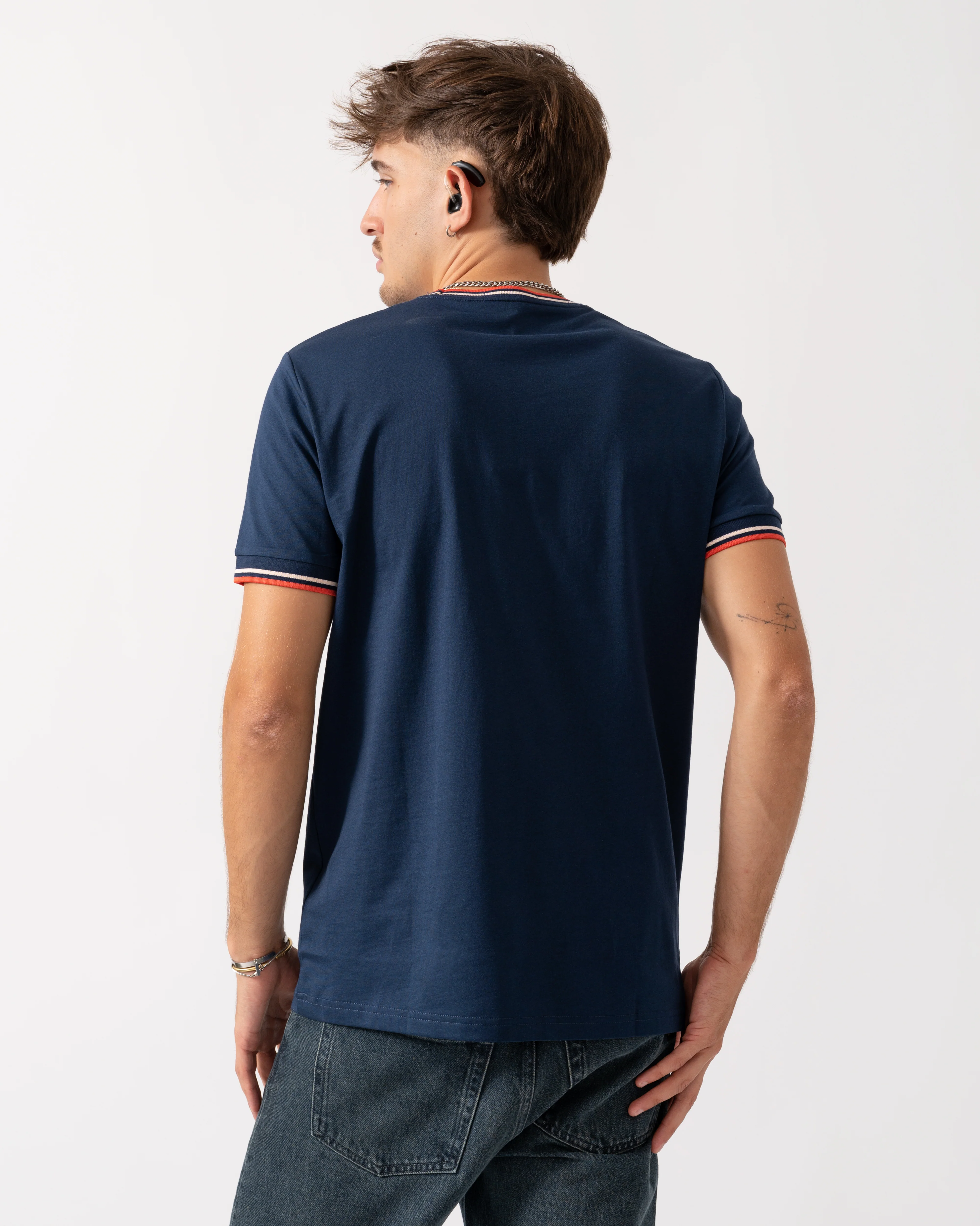 Fred Perry Mens Twin Tipped T-Shirt - Tennis Blue/Silky Peach/Flamingo Tan Z57 - Image 4