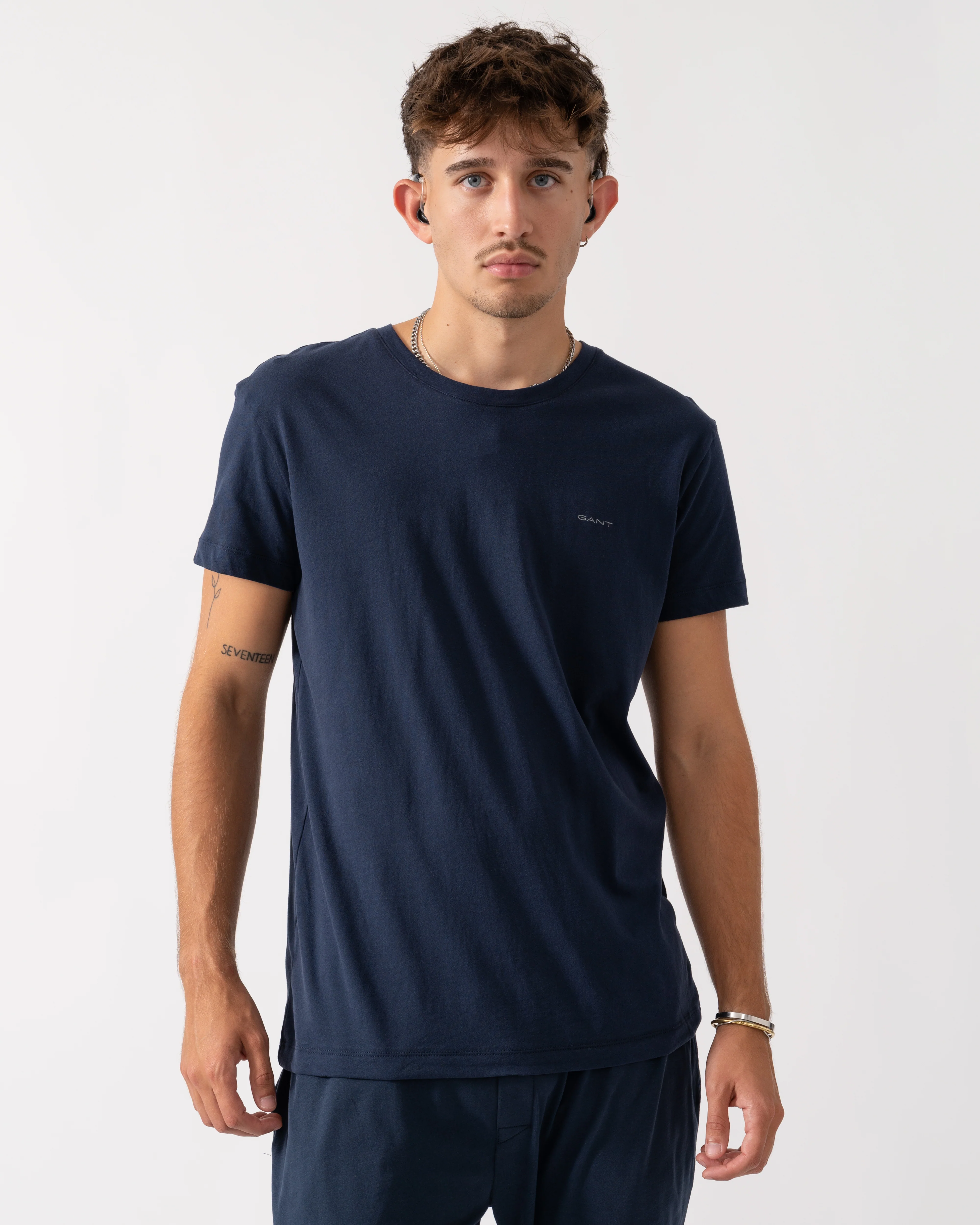GANT 2-Pack Mens Crew Neck T-Shirts - 18 Light Grey Mel/Navy - Image 2