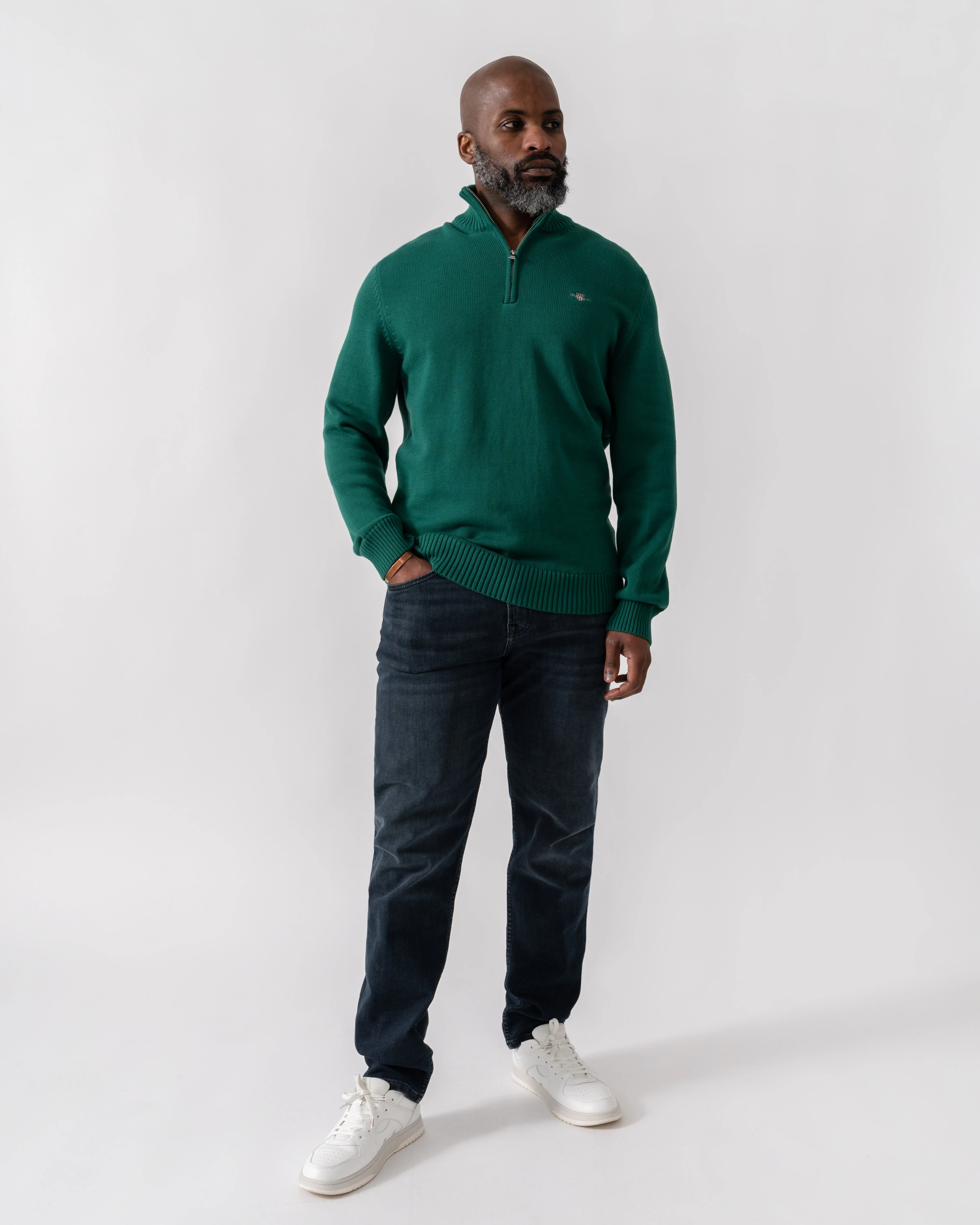 GANT Mens Casual Cotton Half Zip Jumper - 373 Deep Forest Green - Image 3