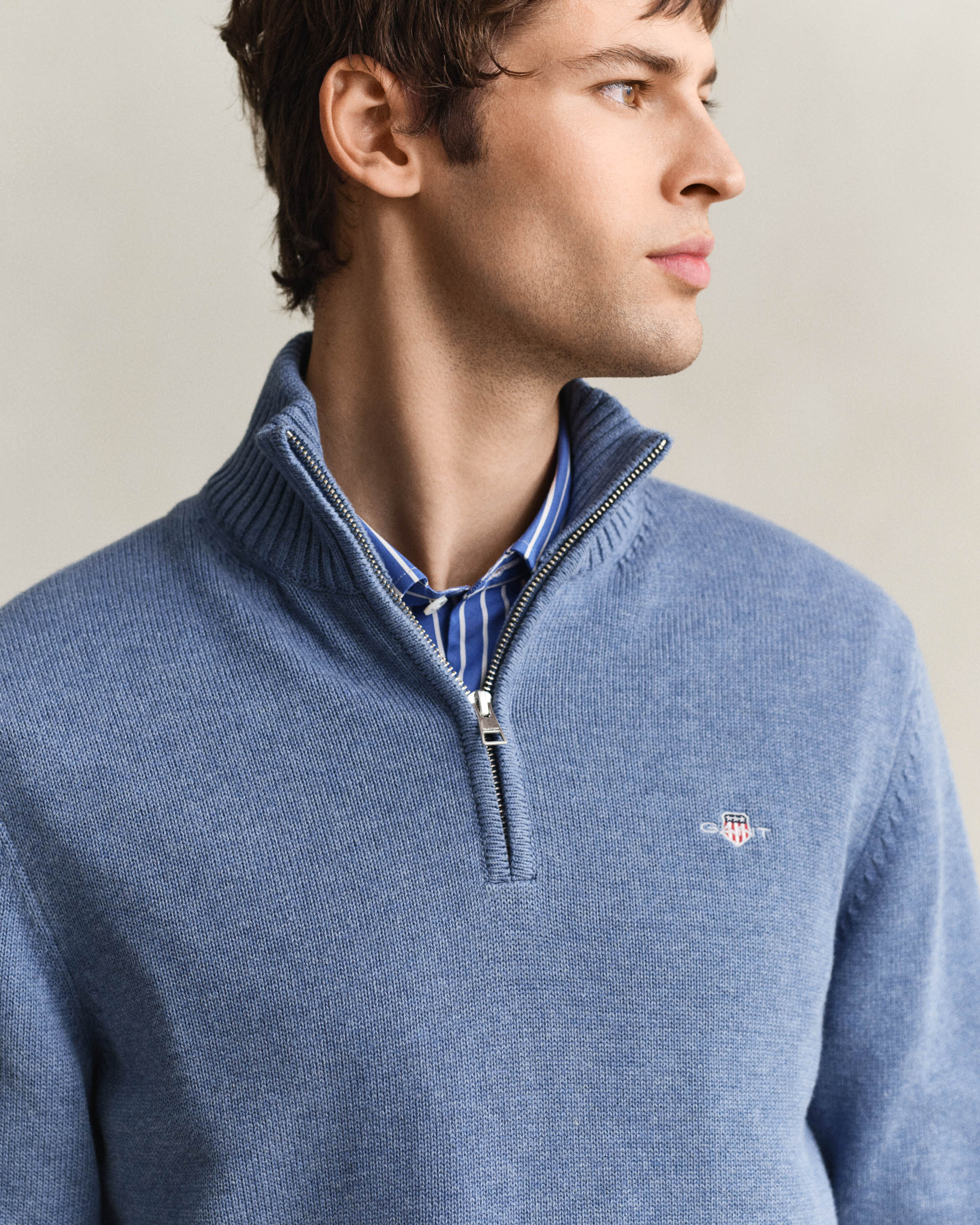 GANT Mens Casual Cotton Half Zip Jumper - 906 Denim Blue Melange - Image 2