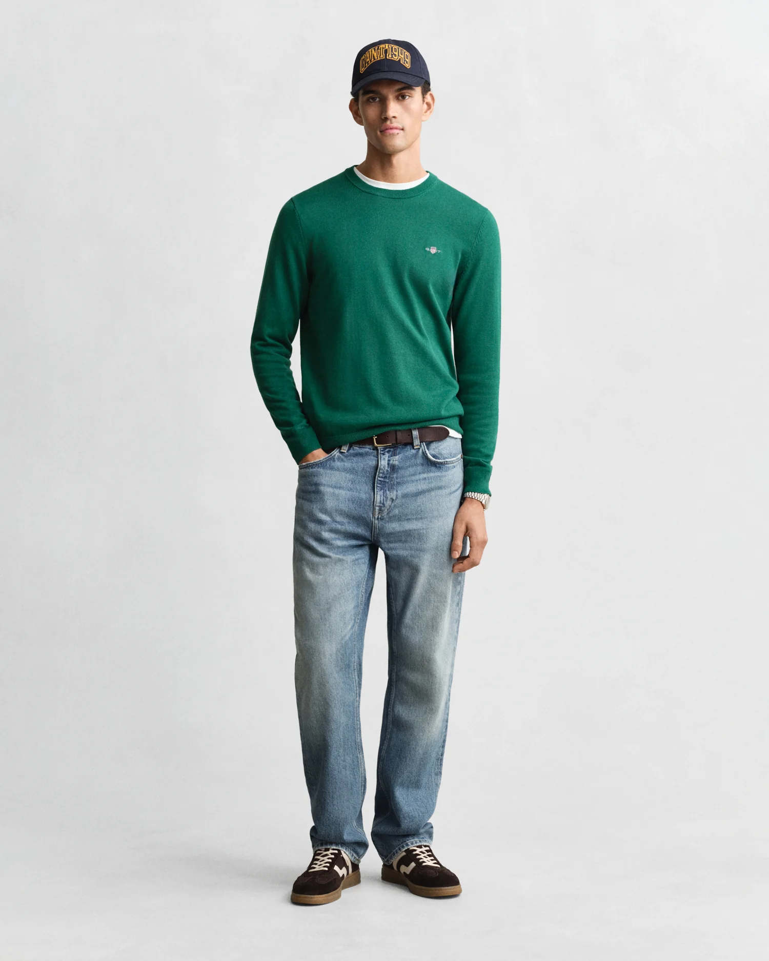 GANT Mens Classic Cotton Crew Neck Jumper - 373 Deep Forest Green - Image 3