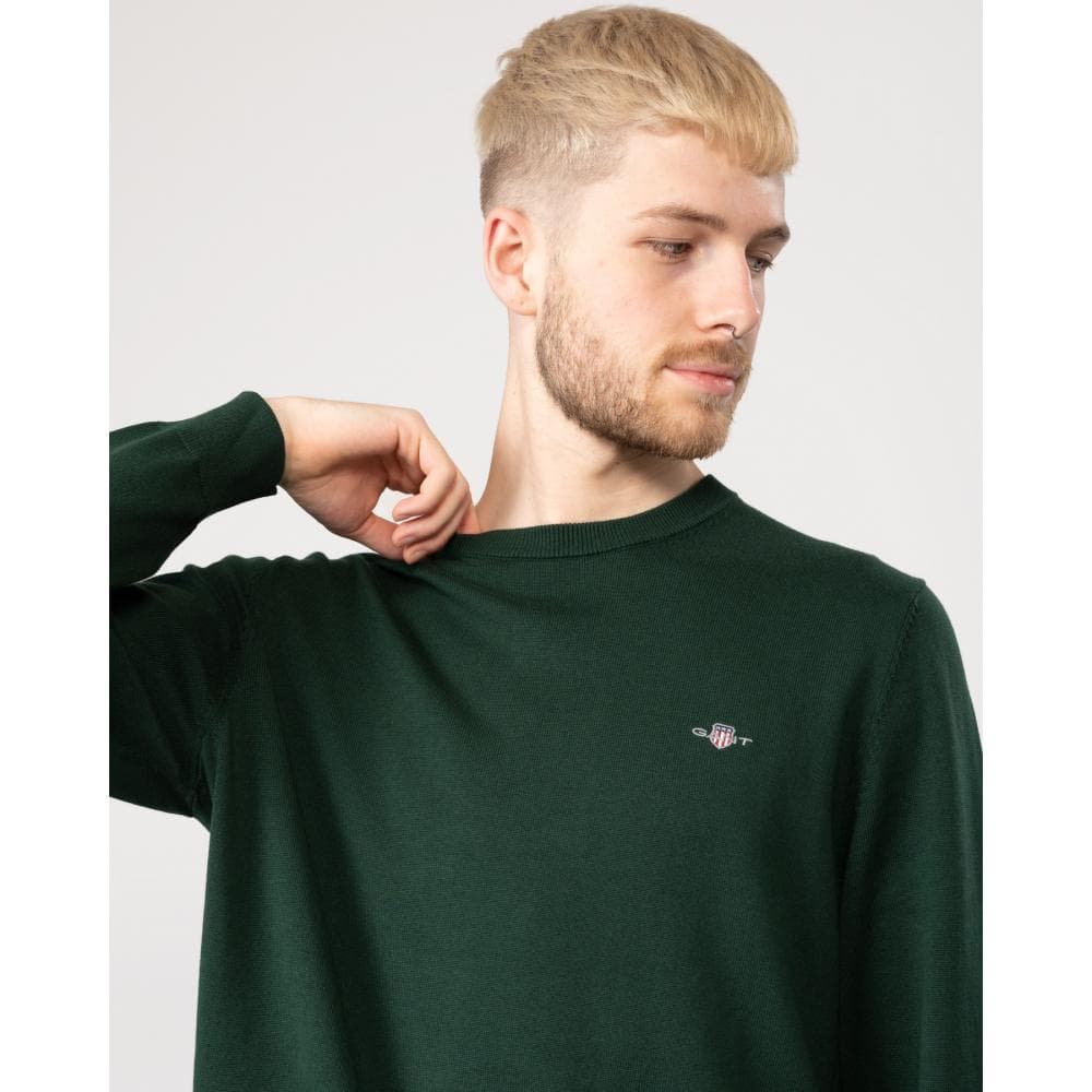 GANT Mens Classic Cotton Crew Neck Jumper - 374 Tartan Green - Image 2