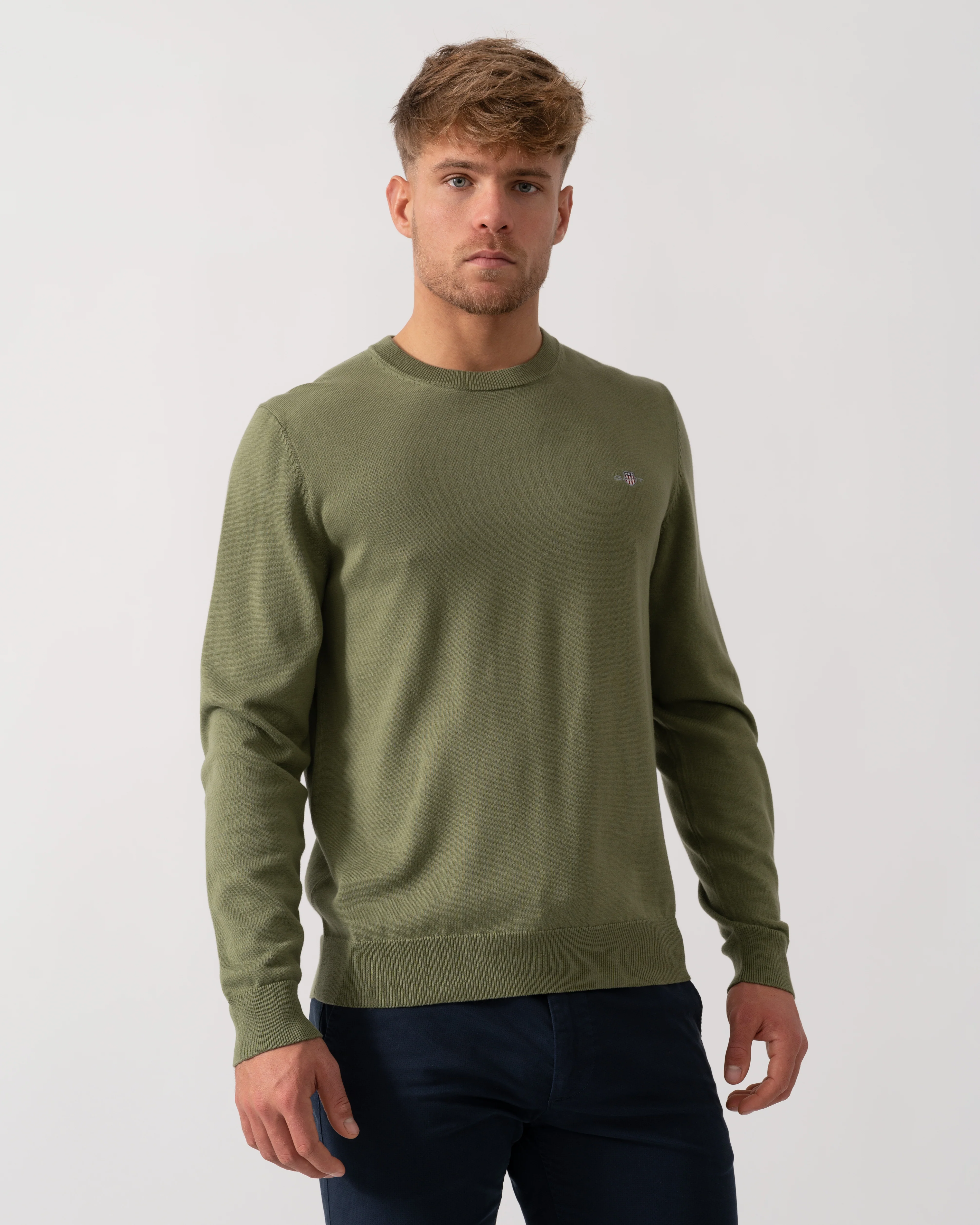 GANT Classic Cotton Crew Neck Jumper - 379 Dry Herb Green - Image 3