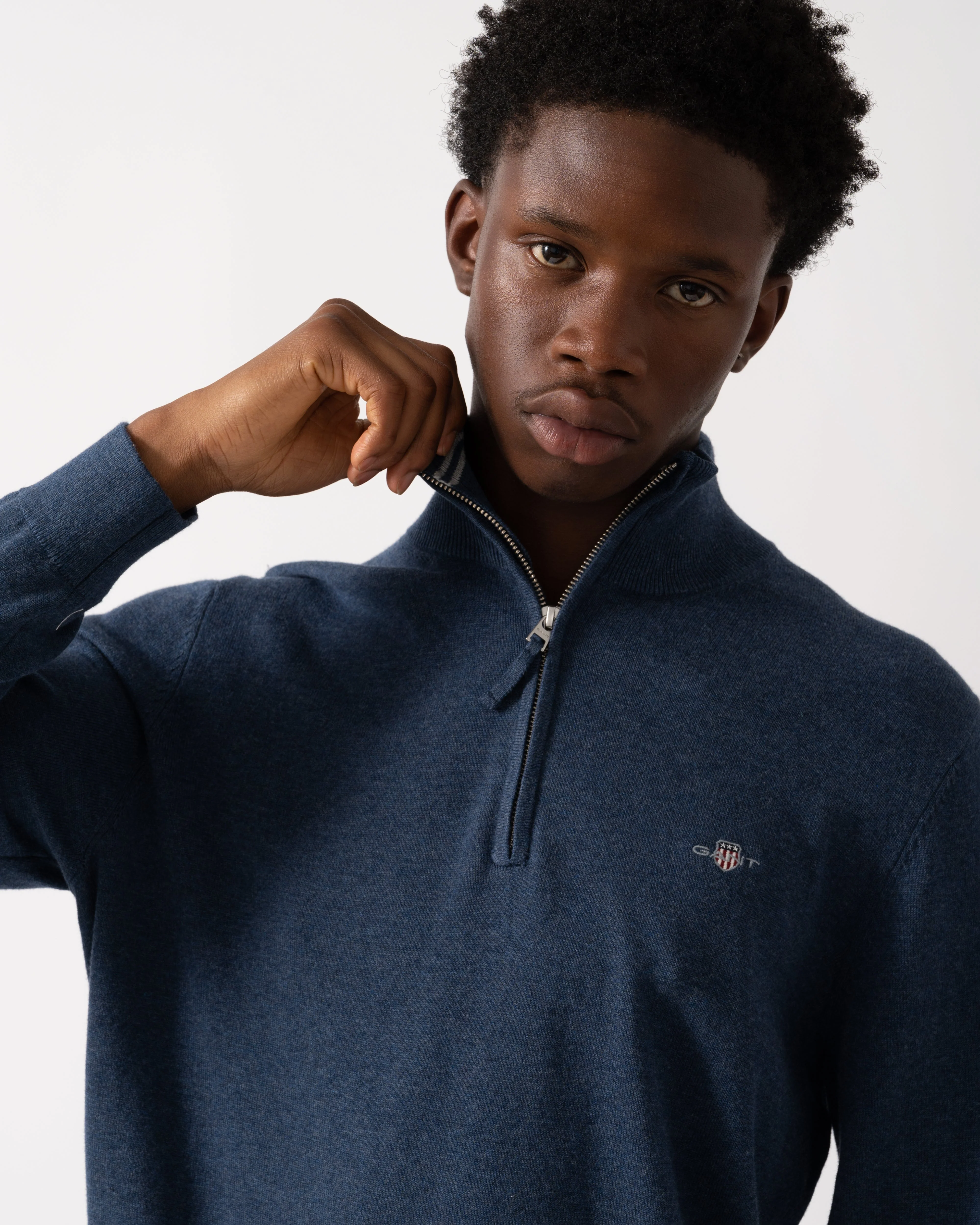 GANT Mens Classic Cotton Half Zip Jumper - 902 Dark Jeansblue Melange - Image 2