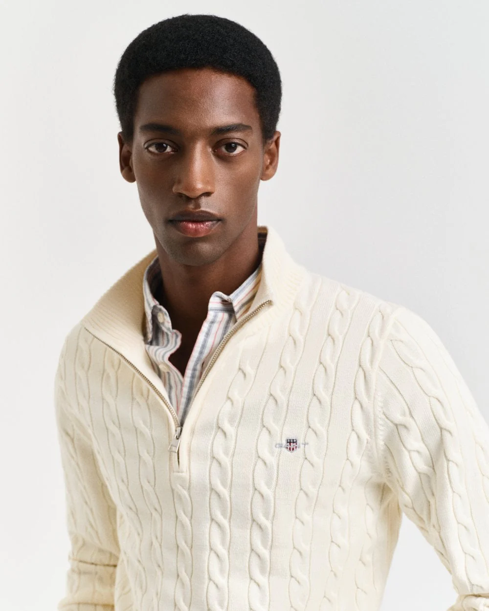 GANT Mens Cotton Cable Half Zip Jumper - 130 Cream - Image 2