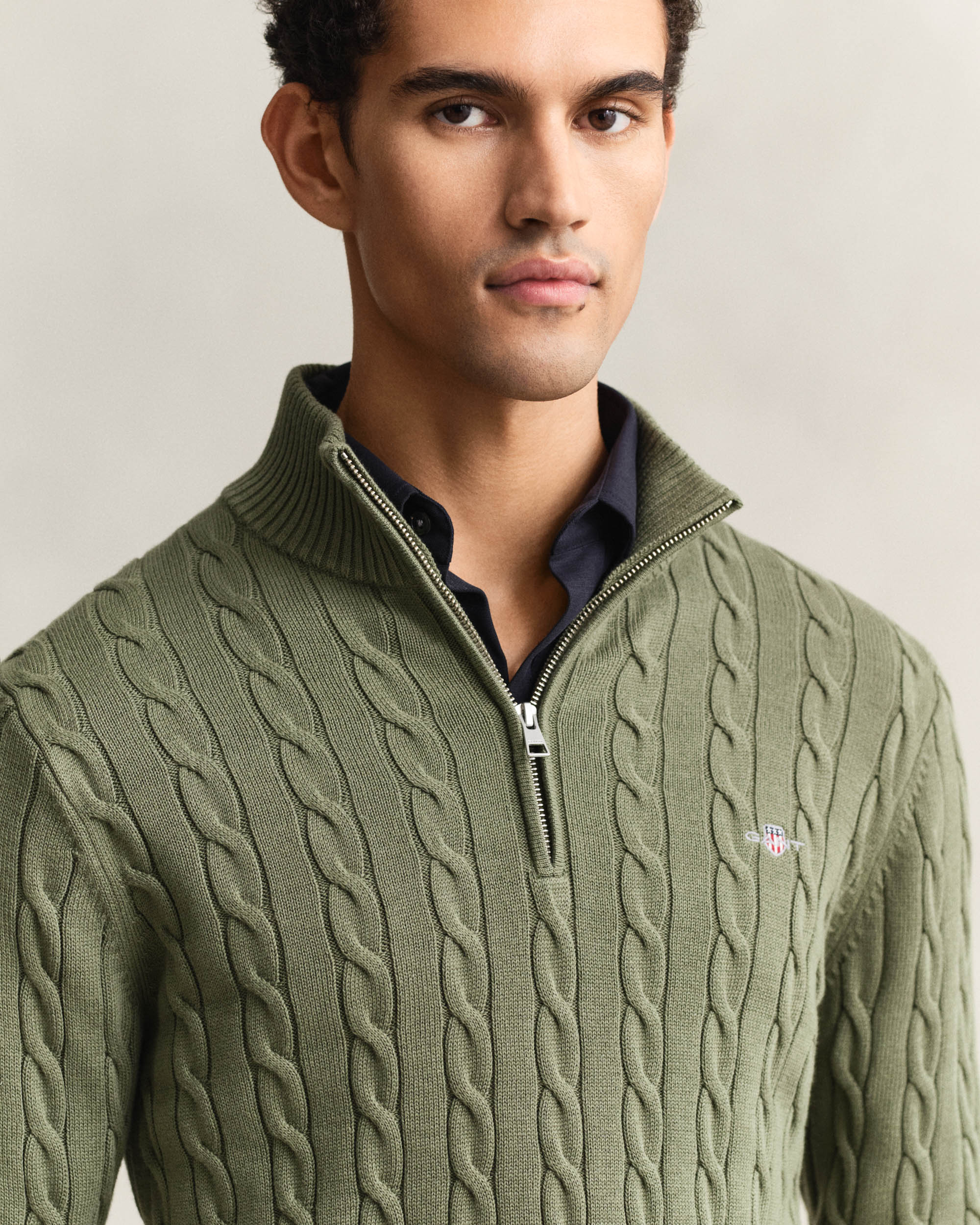 GANT Mens Cotton Cable Half Zip Jumper - 379 Dry Herb Green - Image 2