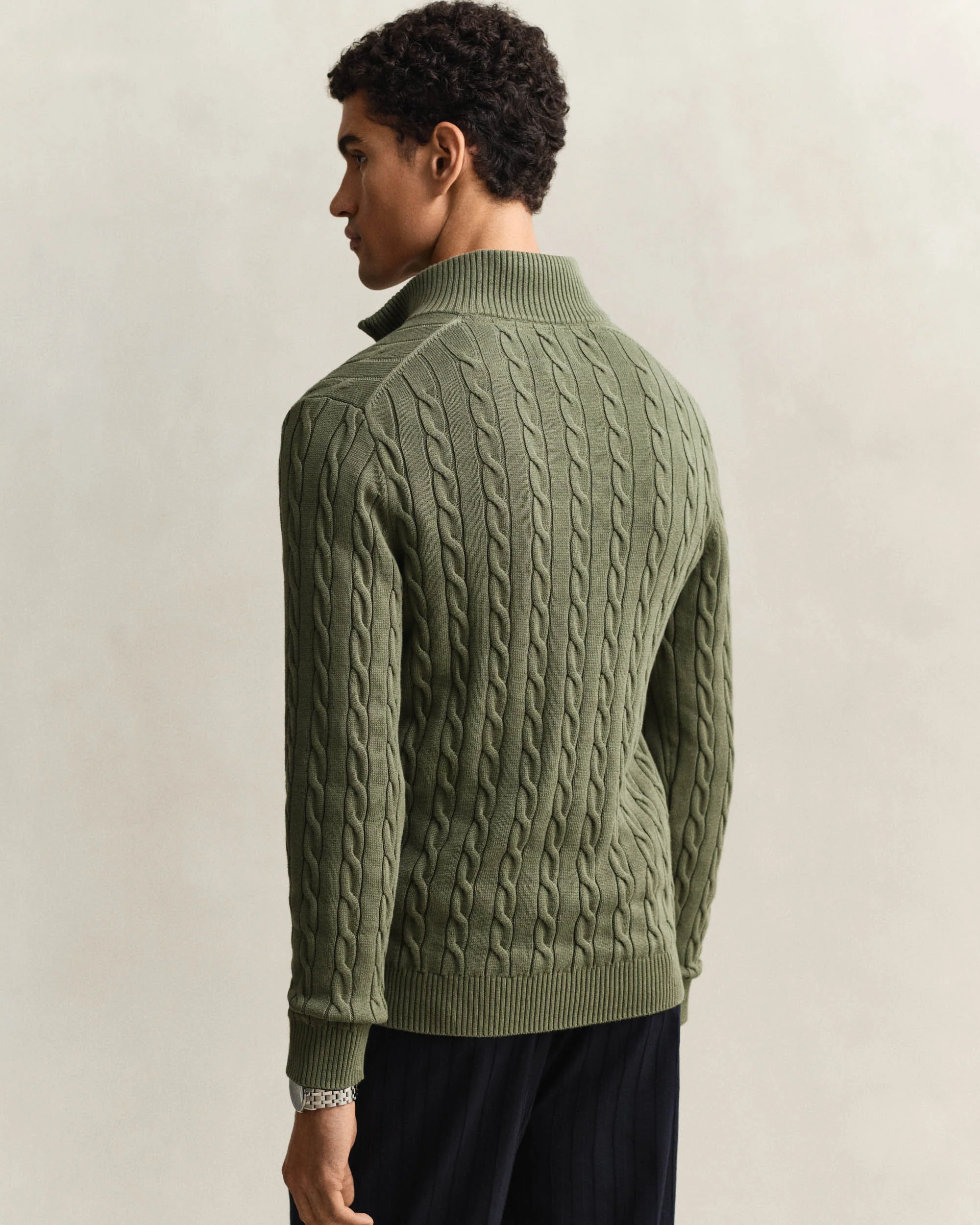 GANT Mens Cotton Cable Half Zip Jumper - 379 Dry Herb Green - Image 3