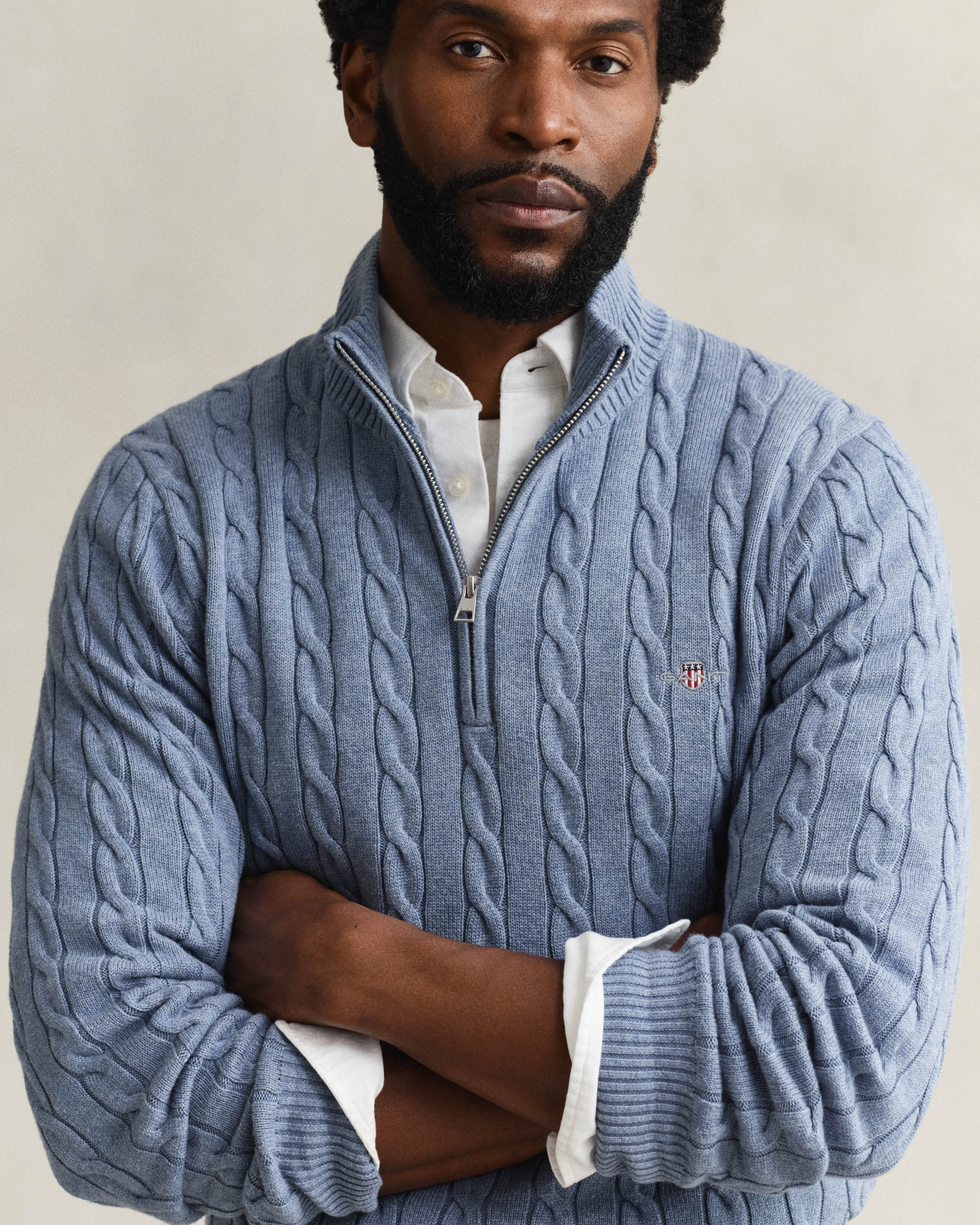 GANT Mens Cotton Cable Half Zip Jumper - 430 Faded Denim - Image 3