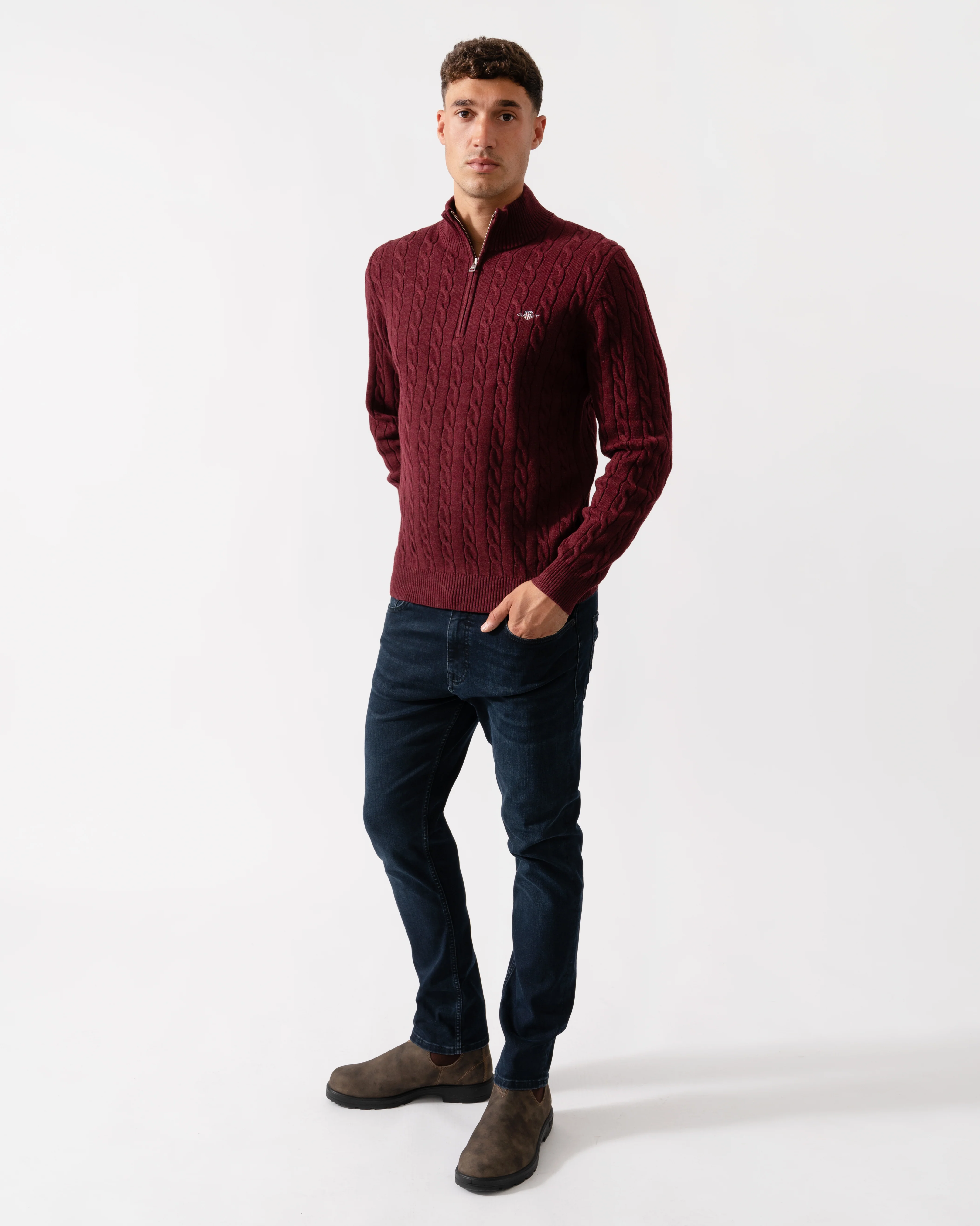 GANT Mens Cotton Cable Half Zip Jumper - 677 Bordeaux Melange - Image 4