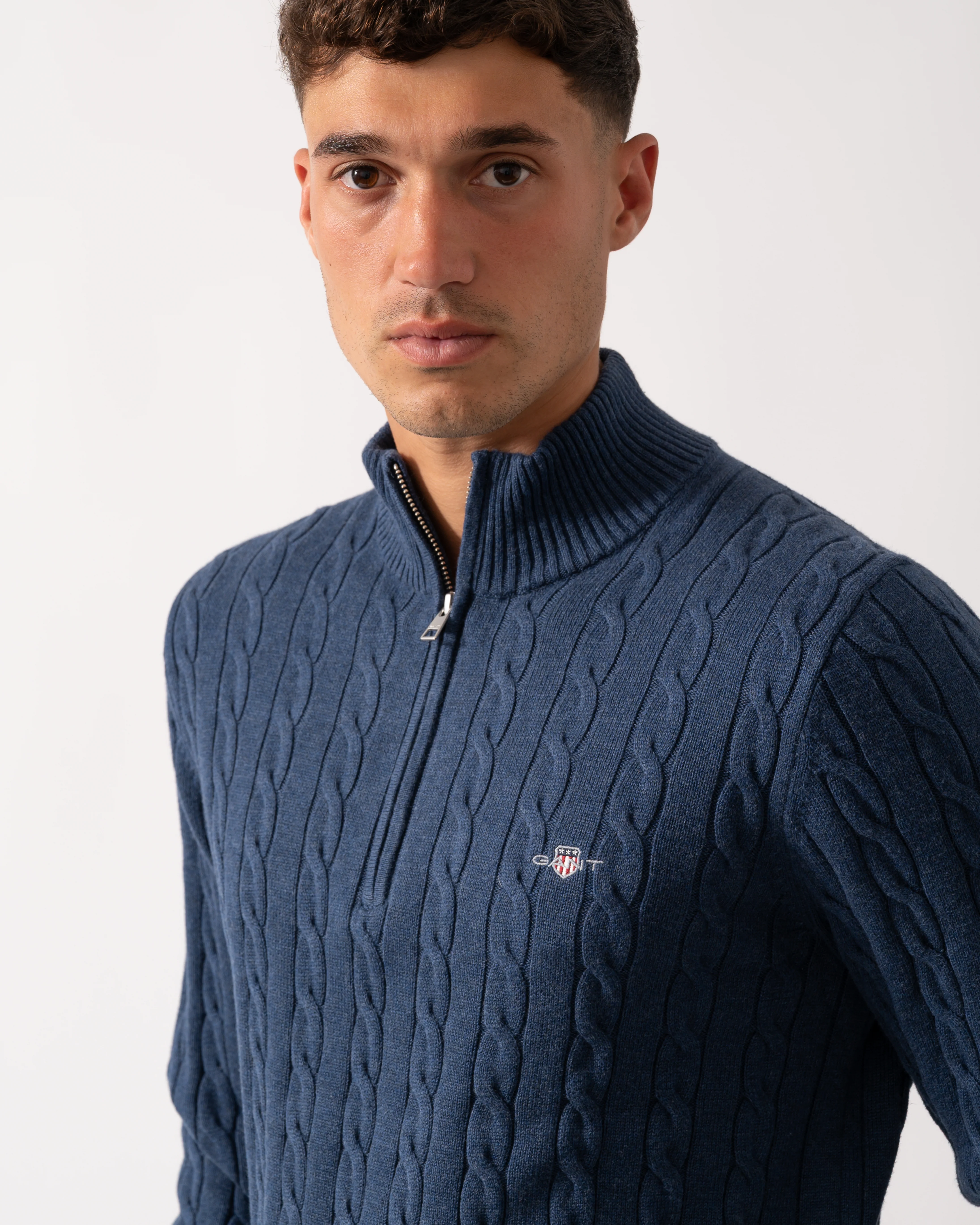 GANT Mens Cotton Cable Half Zip Jumper - 902 Dark Jeansblue Melange - Image 3