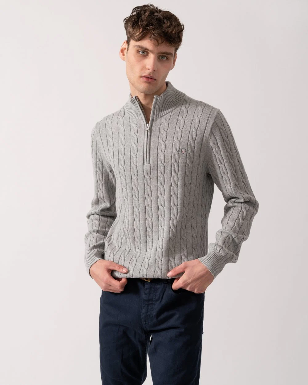 GANT Mens Cotton Cable Half Zip Jumper - 93 Grey Melange