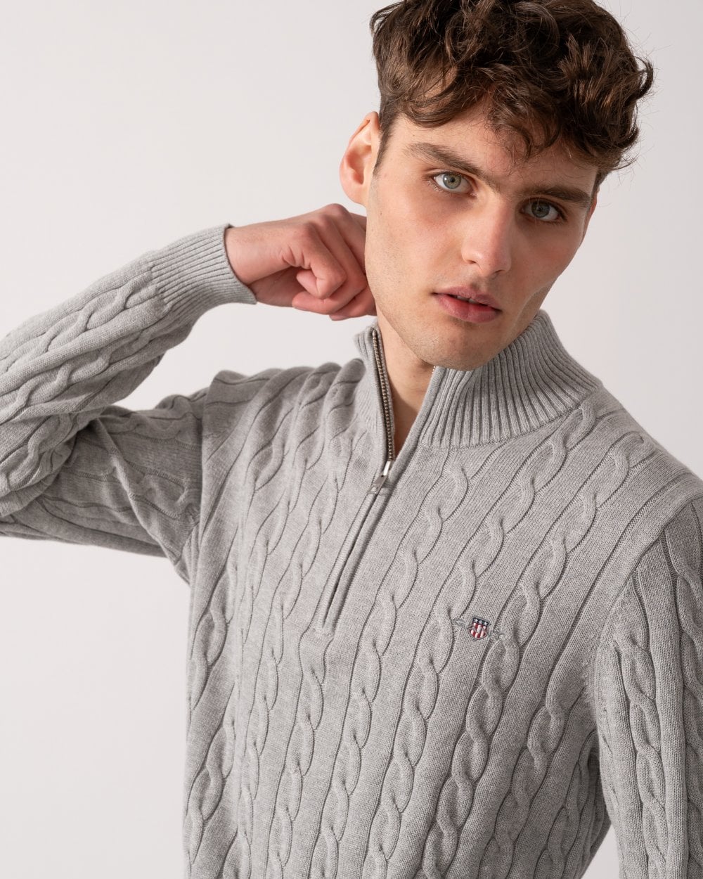 GANT Mens Cotton Cable Half Zip Jumper - 93 Grey Melange - Image 2