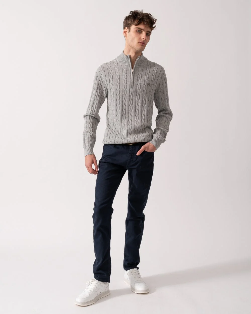 GANT Mens Cotton Cable Half Zip Jumper - 93 Grey Melange - Image 3