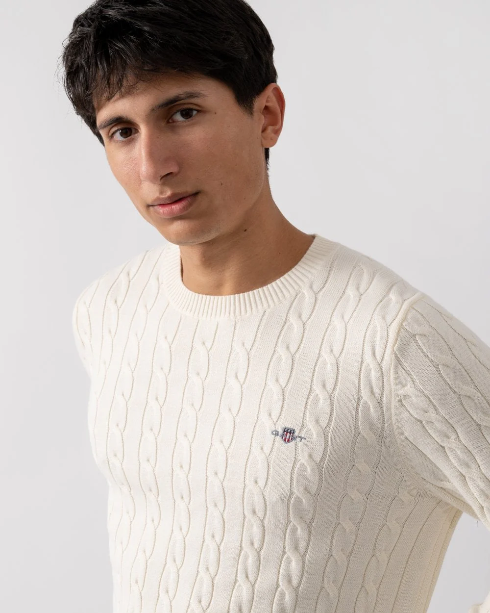 GANT Mens Cotton Cable Knit Crew Neck Jumper - 130 Cream - Image 2
