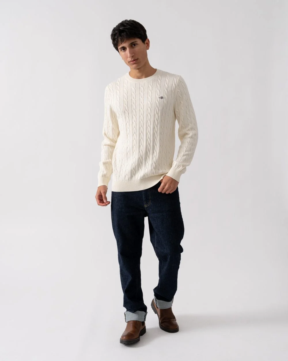 GANT Mens Cotton Cable Knit Crew Neck Jumper - 130 Cream - Image 3