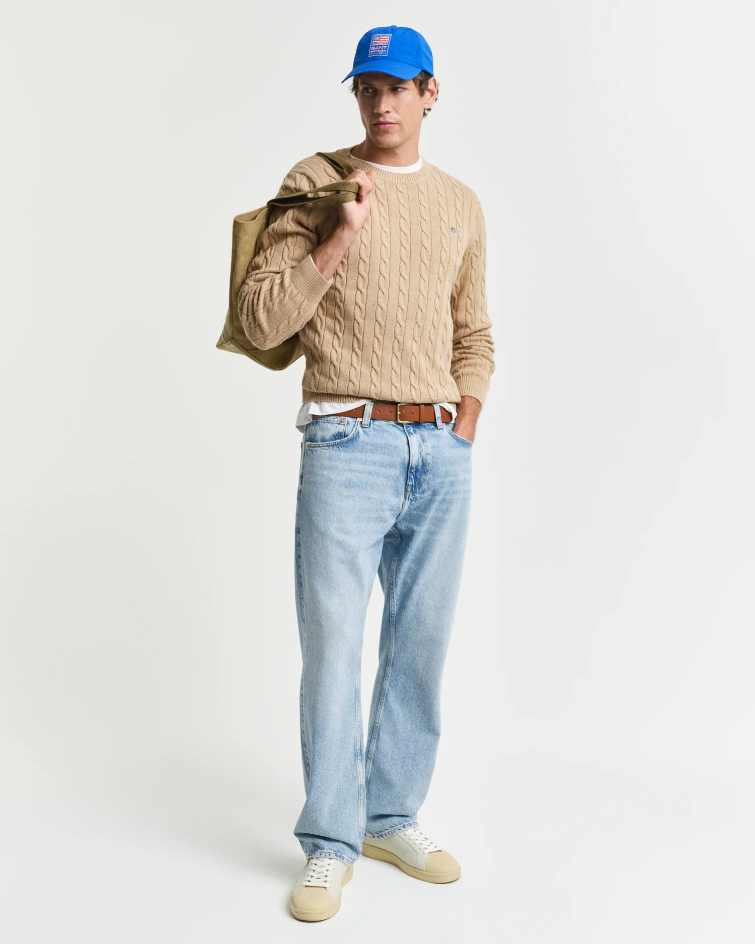 GANT Mens Cotton Cable Knit Crew Neck Jumper - 296 Khaki Mel - Image 2