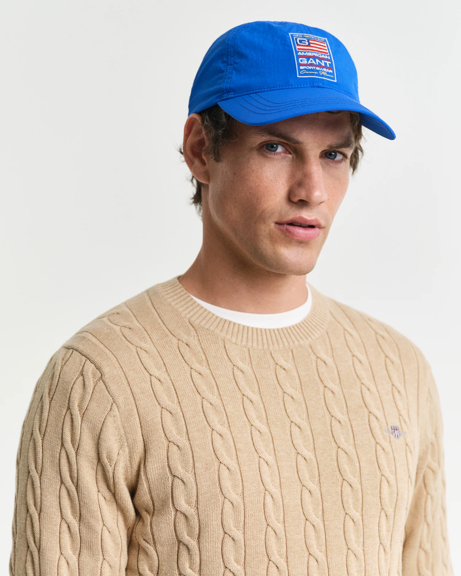 GANT Mens Cotton Cable Knit Crew Neck Jumper - 296 Khaki Mel - Image 3