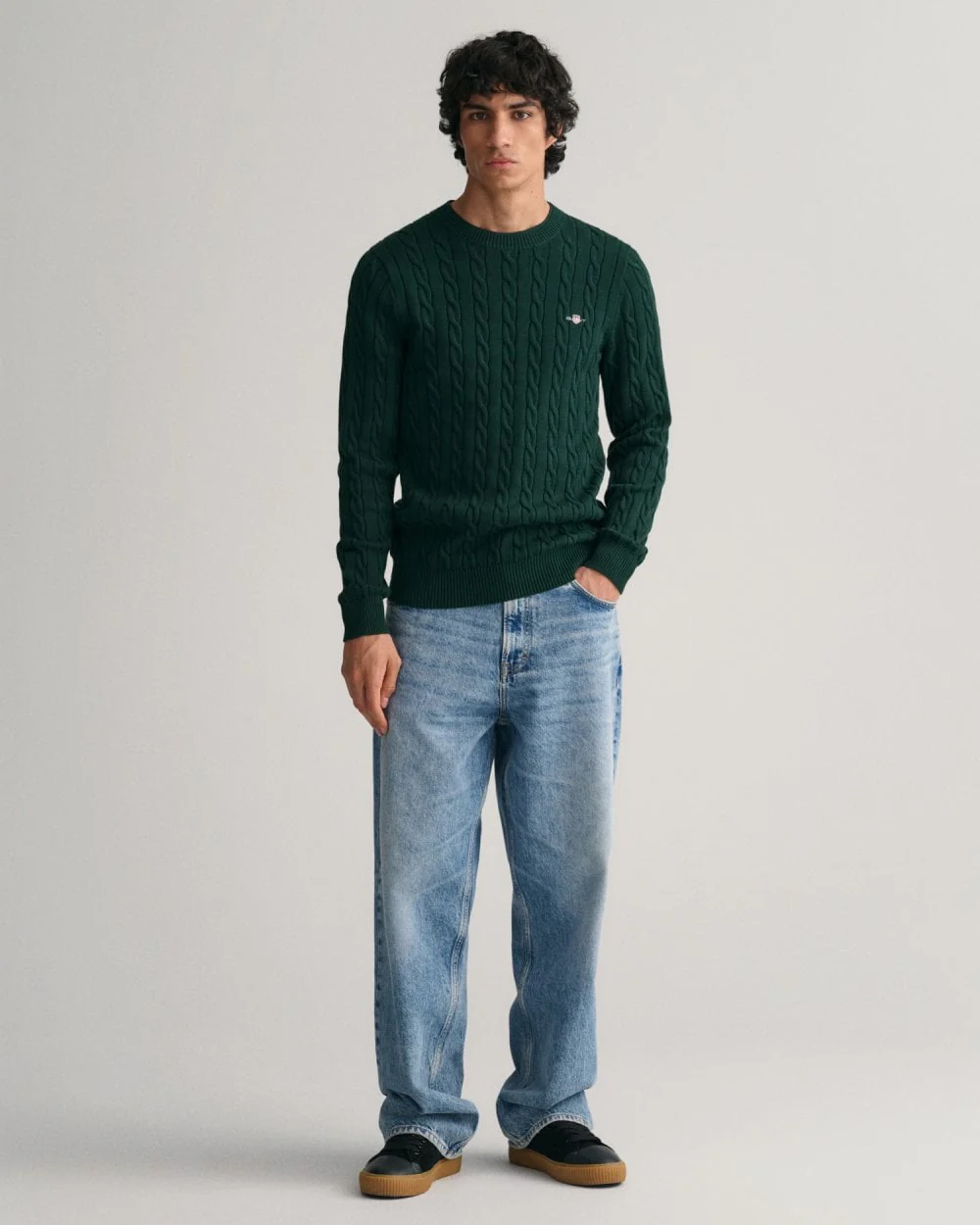 GANT Mens Cotton Cable Knit Crew Neck Jumper - 374 Tartan Green - Image 2