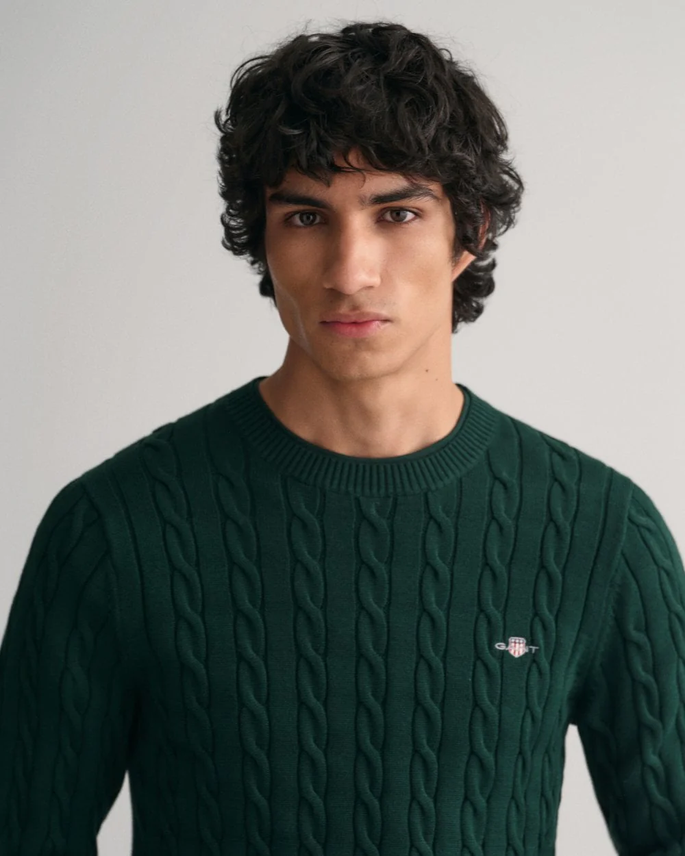 GANT Mens Cotton Cable Knit Crew Neck Jumper - 374 Tartan Green - Image 3