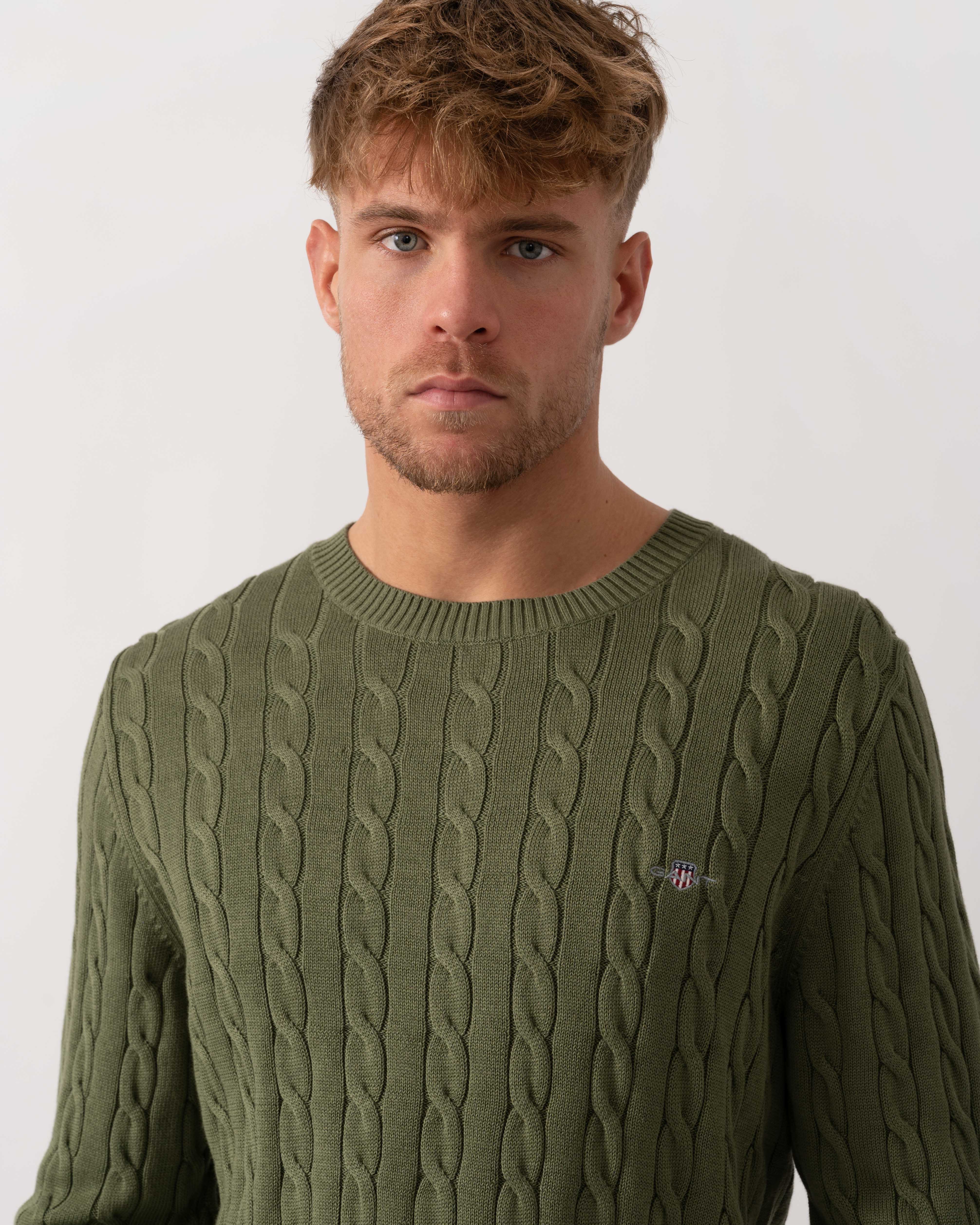 GANT Mens Cotton Cable Knit Crew Neck Jumper - 379 Dry Herb Green - Image 2
