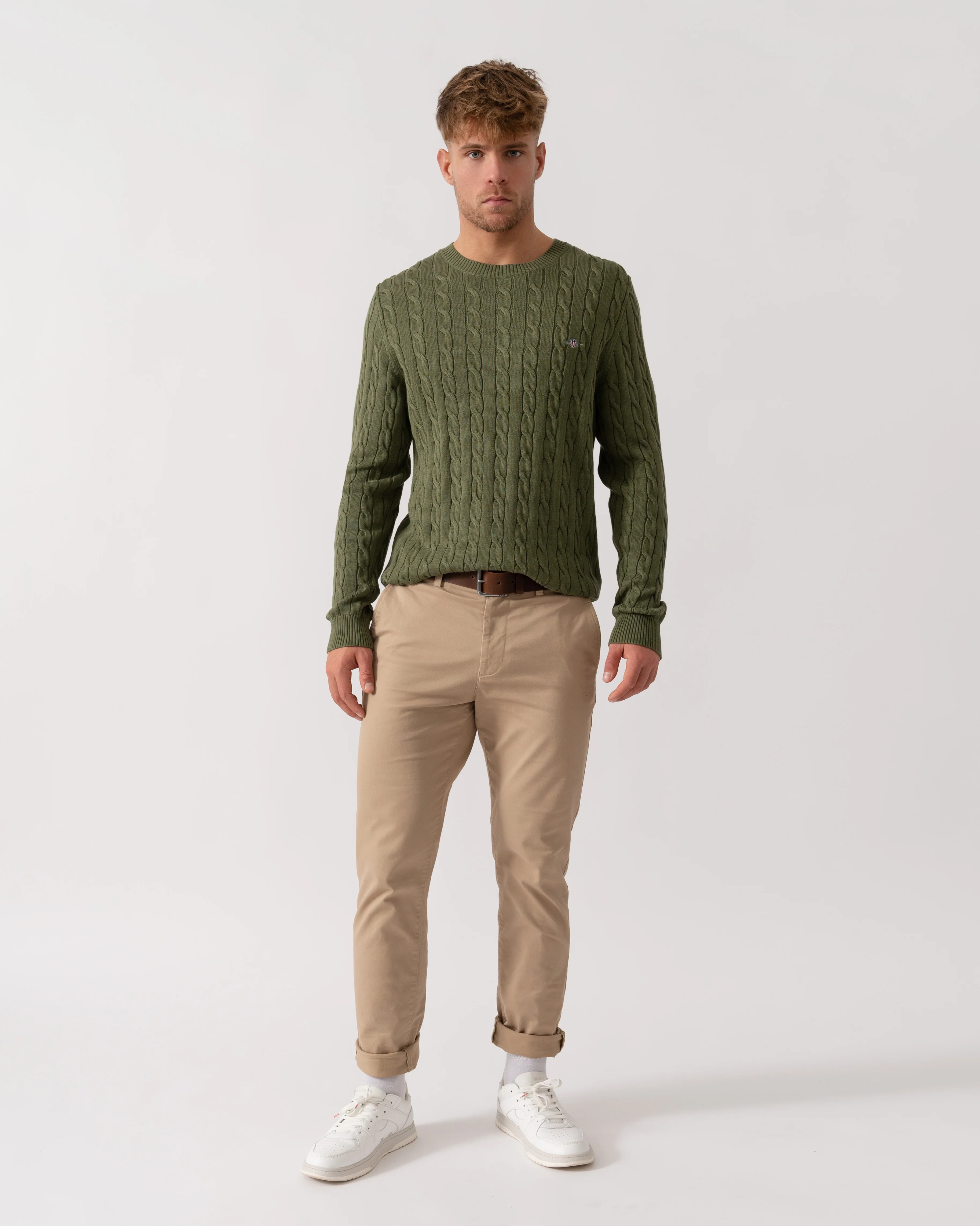 GANT Mens Cotton Cable Knit Crew Neck Jumper - 379 Dry Herb Green - Image 3