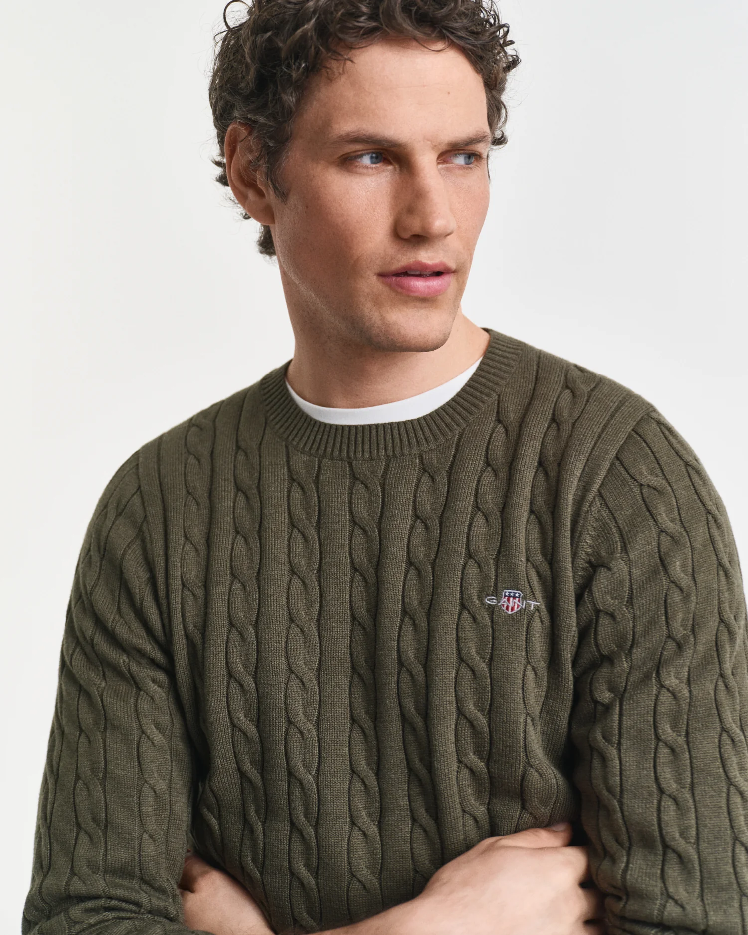 GANT Mens Cotton Cable Knit Crew Neck Jumper - 384 Khaki Green Mel - Image 2
