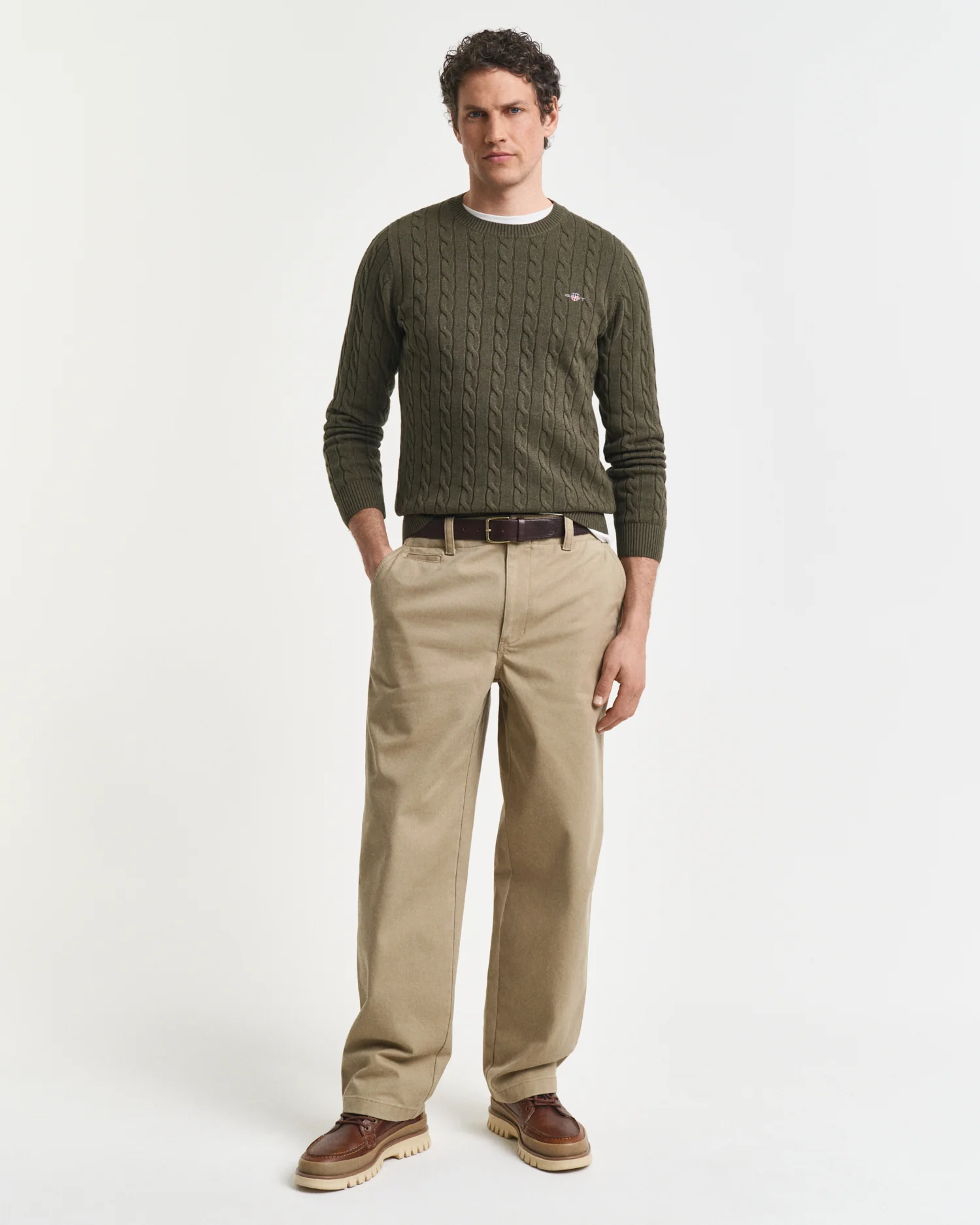 GANT Mens Cotton Cable Knit Crew Neck Jumper - 384 Khaki Green Mel - Image 3