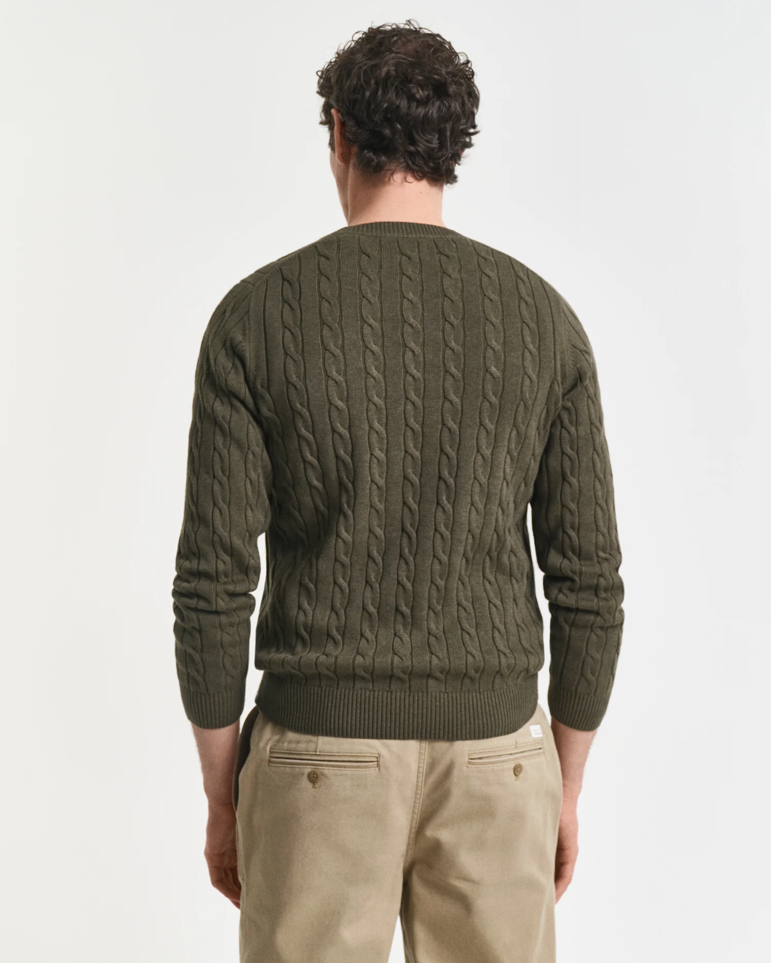 GANT Mens Cotton Cable Knit Crew Neck Jumper - 384 Khaki Green Mel - Image 4