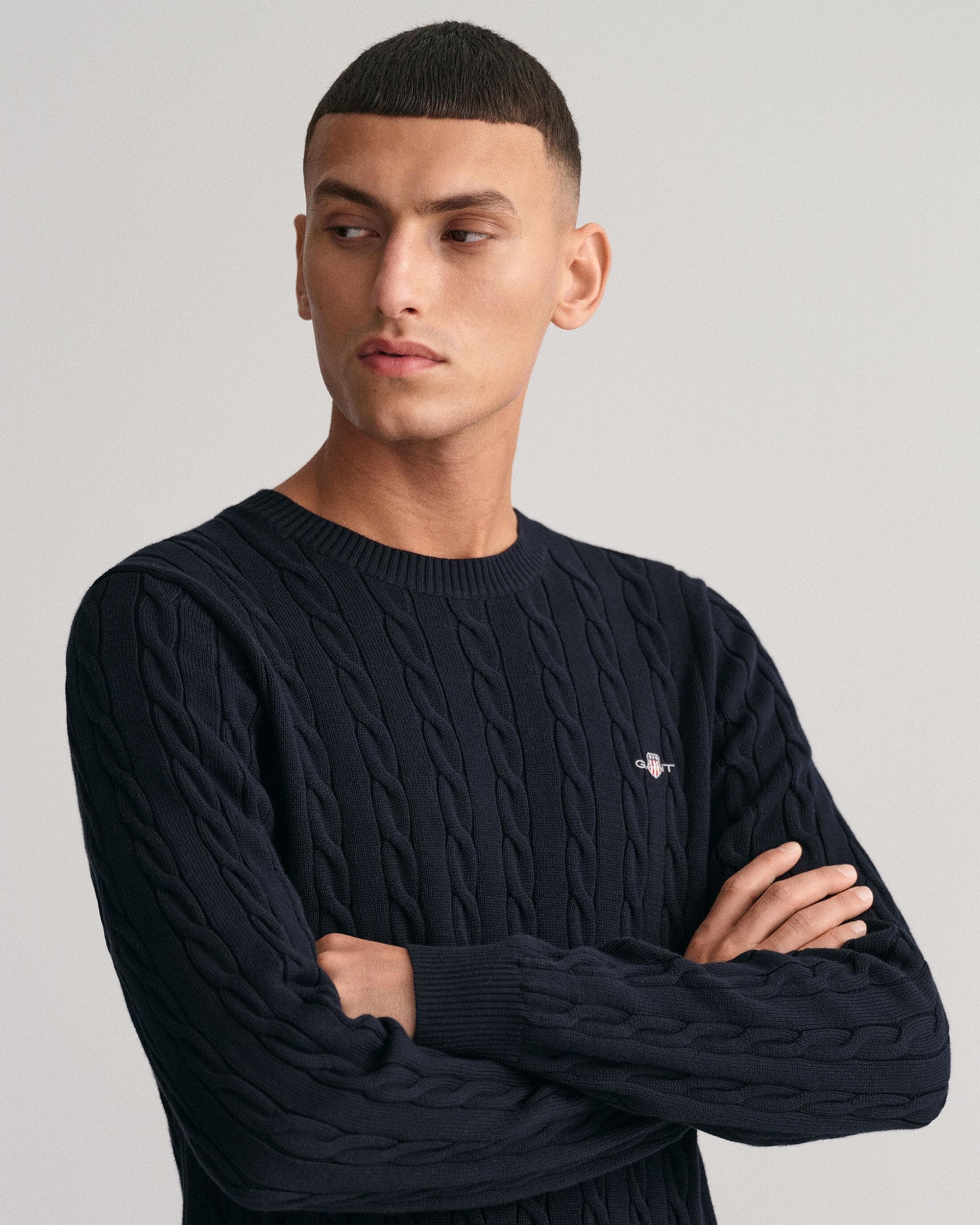 GANT Mens Cotton Cable Knit Crew Neck Jumper - 433 Evening Blue - Image 3