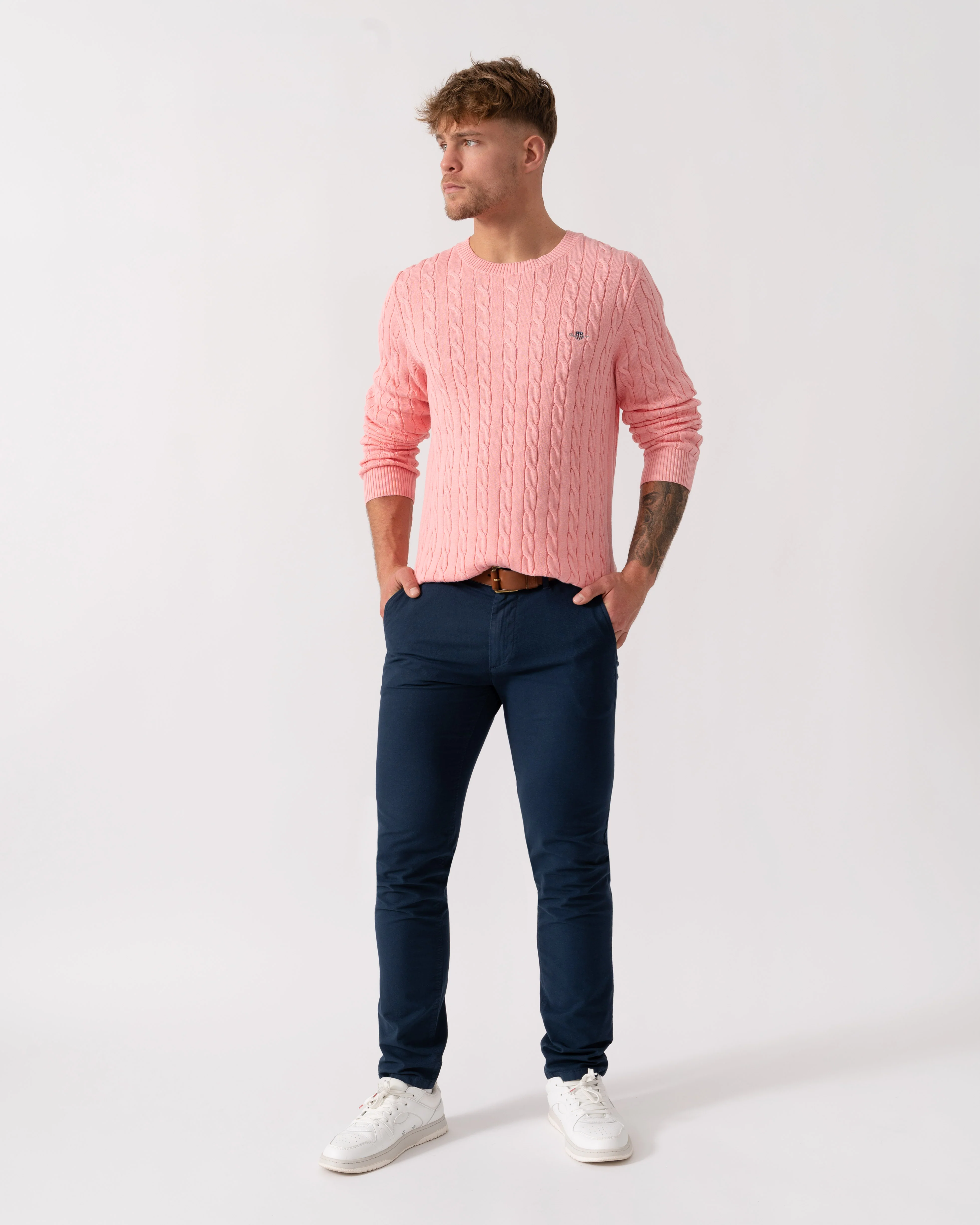 GANT Mens Cotton Cable Knit Crew Neck Jumper - 666 Washed Pink - Image 2