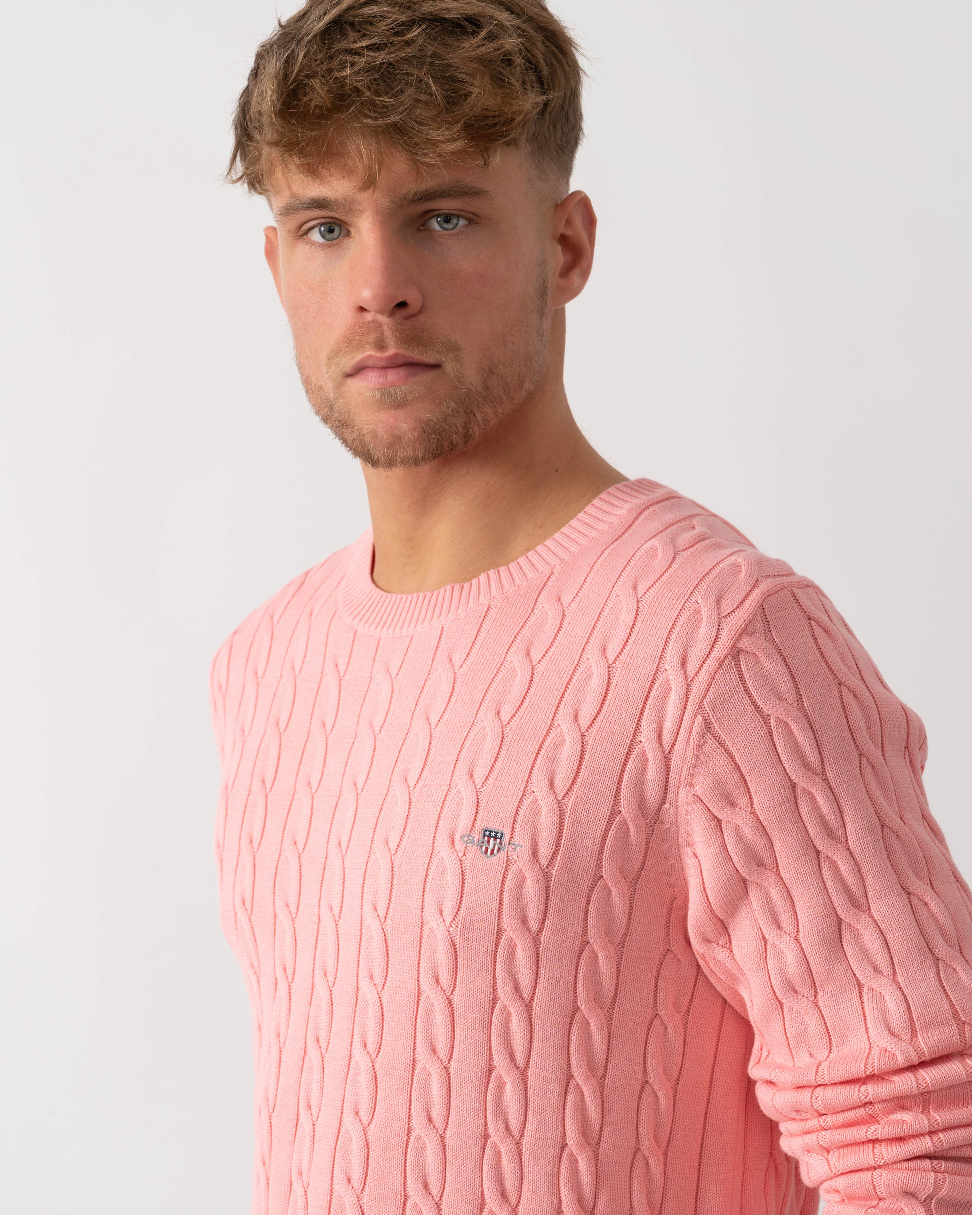 GANT Mens Cotton Cable Knit Crew Neck Jumper - 666 Washed Pink - Image 3