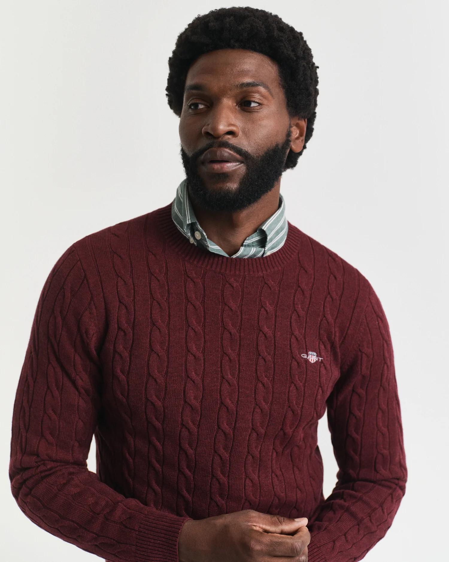 GANT Mens Cotton Cable Knit Crew Neck Jumper - 677 Bordeaux Melange - Image 2