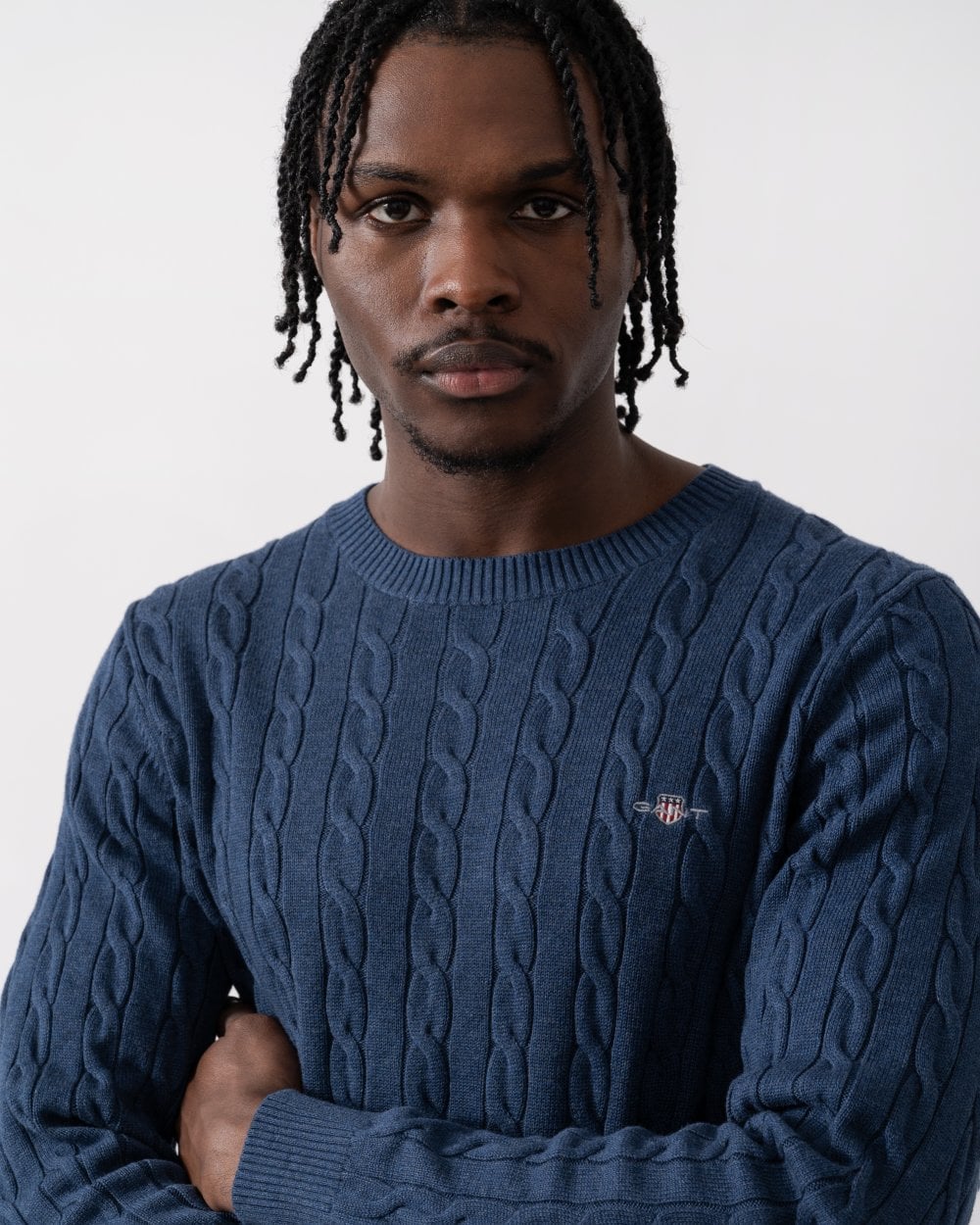GANT Mens Cotton Cable Knit Crew Neck Jumper - 902 Dark Jeansblue Melange - Image 2
