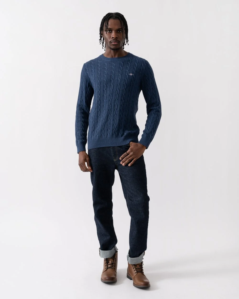 GANT Mens Cotton Cable Knit Crew Neck Jumper - 902 Dark Jeansblue Melange - Image 3