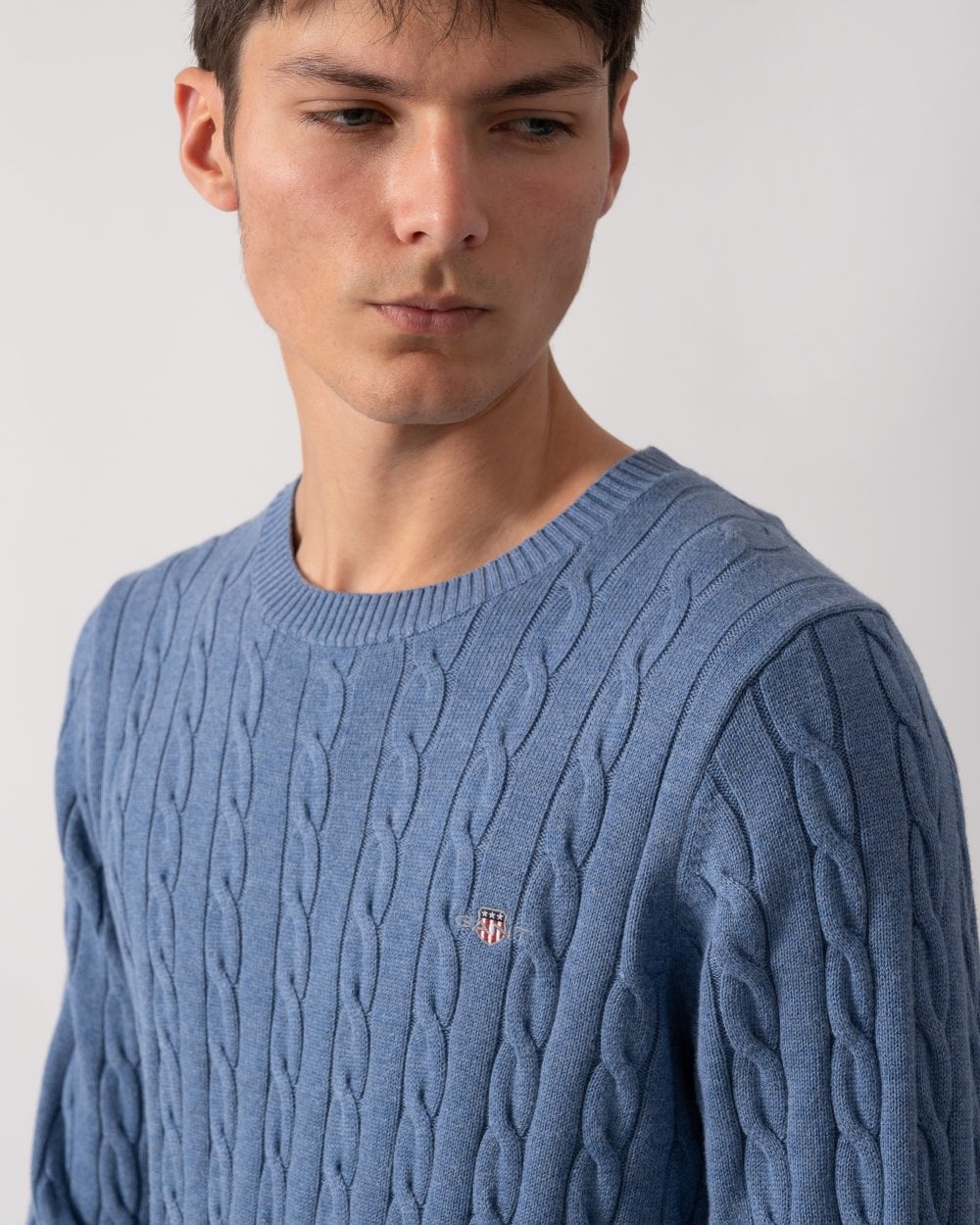 GANT Mens Cotton Cable Knit Crew Neck Jumper - 906 Denim Blue Melange - Image 2
