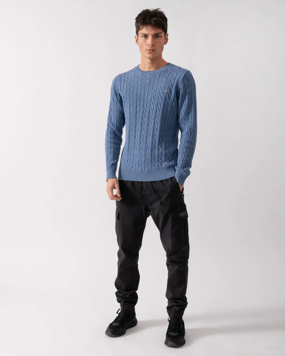 GANT Mens Cotton Cable Knit Crew Neck Jumper - 906 Denim Blue Melange - Image 3