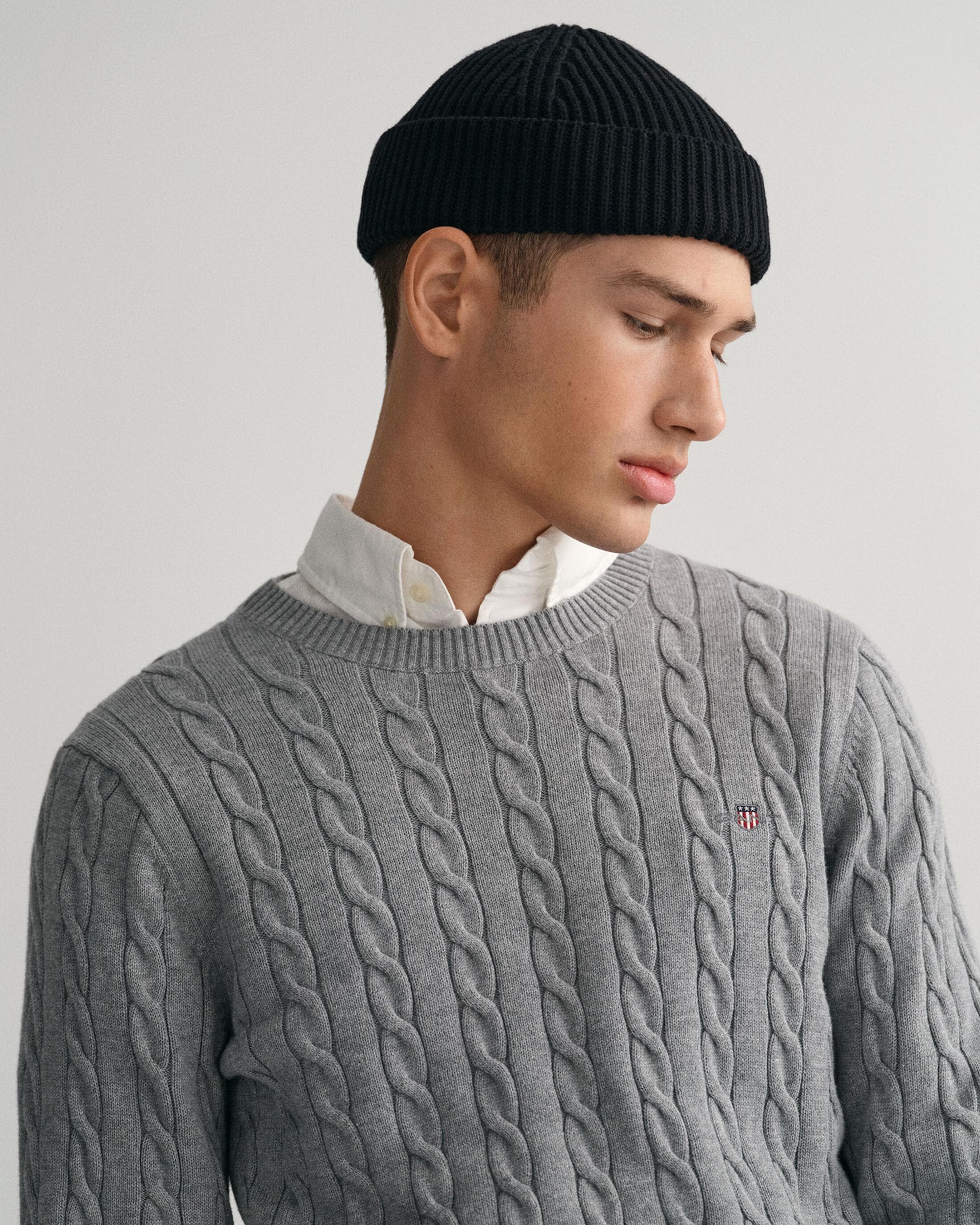 GANT Mens Cotton Cable Knit Crew Neck Jumper - 93 Grey Melange - Image 2