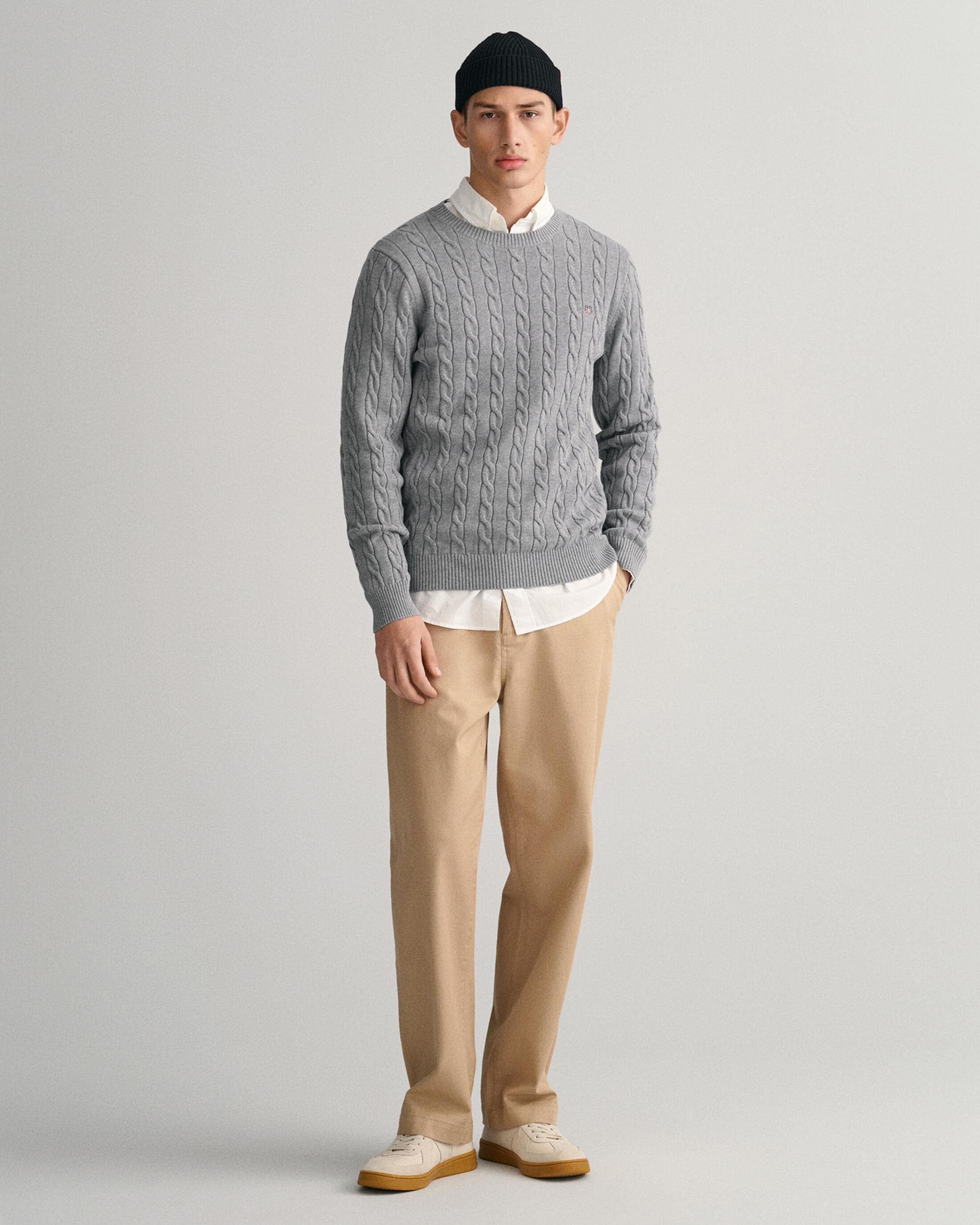 GANT Mens Cotton Cable Knit Crew Neck Jumper - 93 Grey Melange - Image 3
