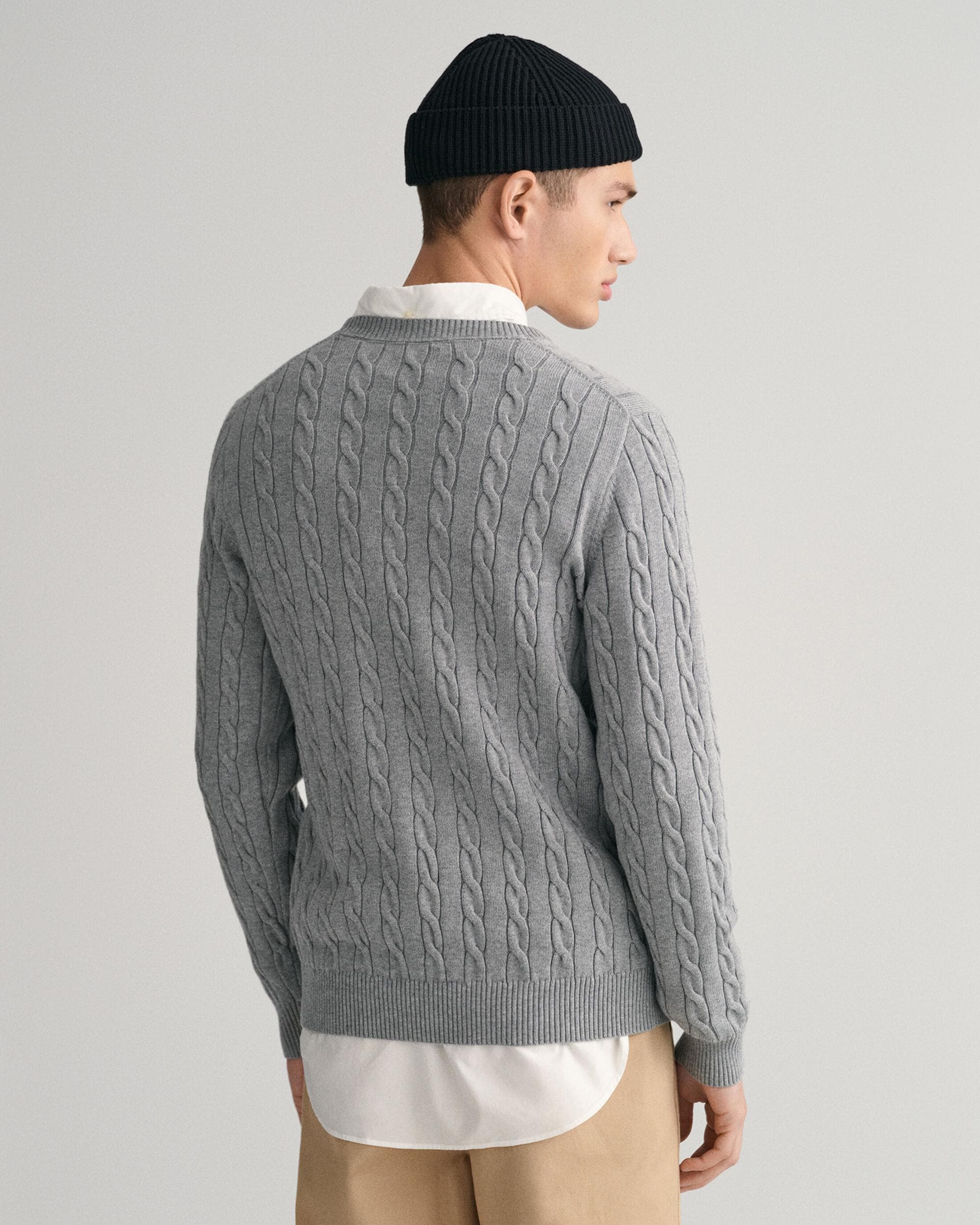 GANT Mens Cotton Cable Knit Crew Neck Jumper - 93 Grey Melange - Image 4