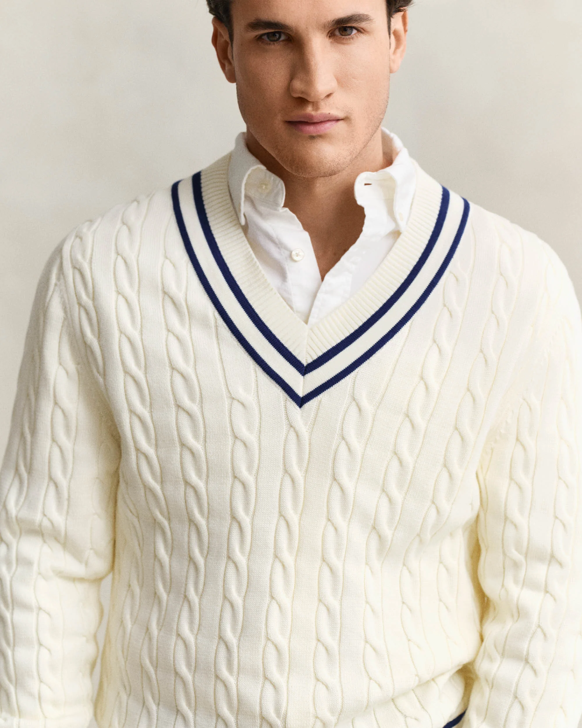 GANT Mens Cotton Cable V-Neck Jumper - 130 Cream - Image 2