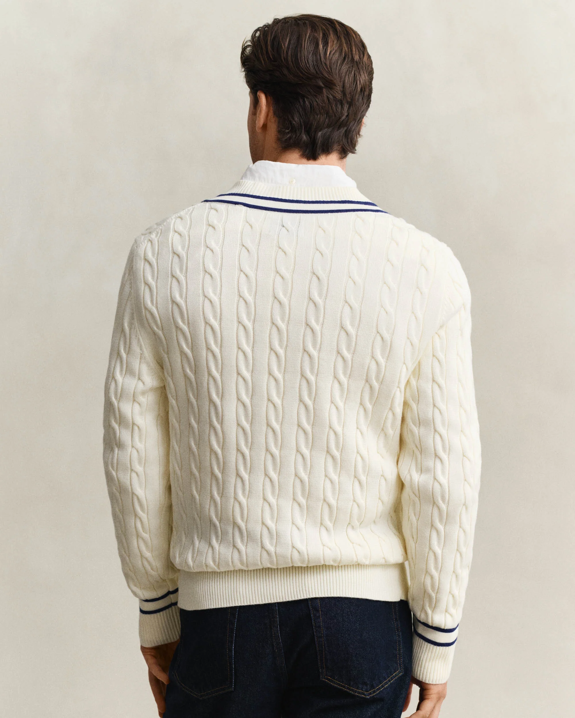 GANT Mens Cotton Cable V-Neck Jumper - 130 Cream - Image 3
