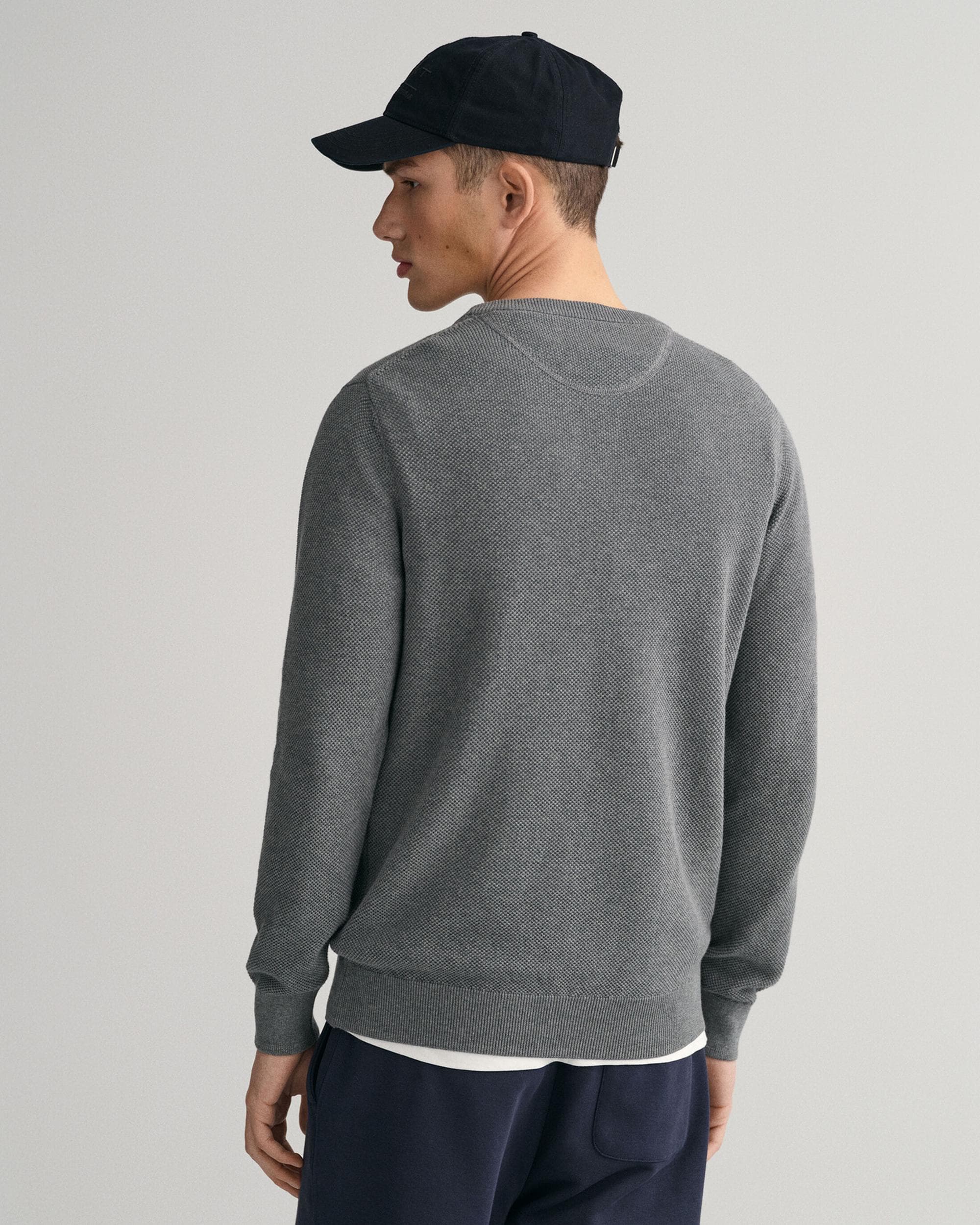 GANT Mens Cotton Pique Crew Neck Jumper - 92 Dark Grey Melange - Image 2