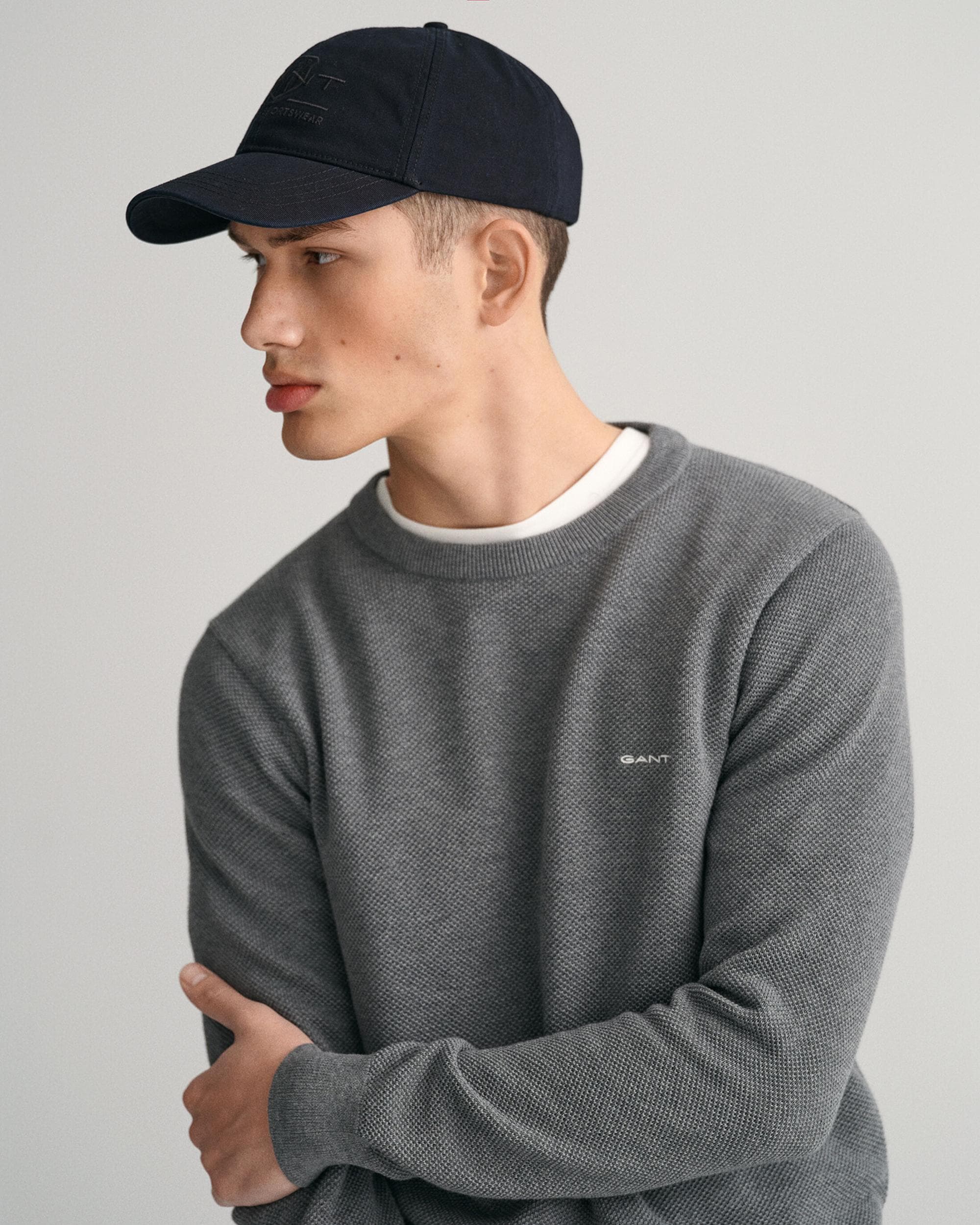 GANT Mens Cotton Pique Crew Neck Jumper - 92 Dark Grey Melange - Image 3