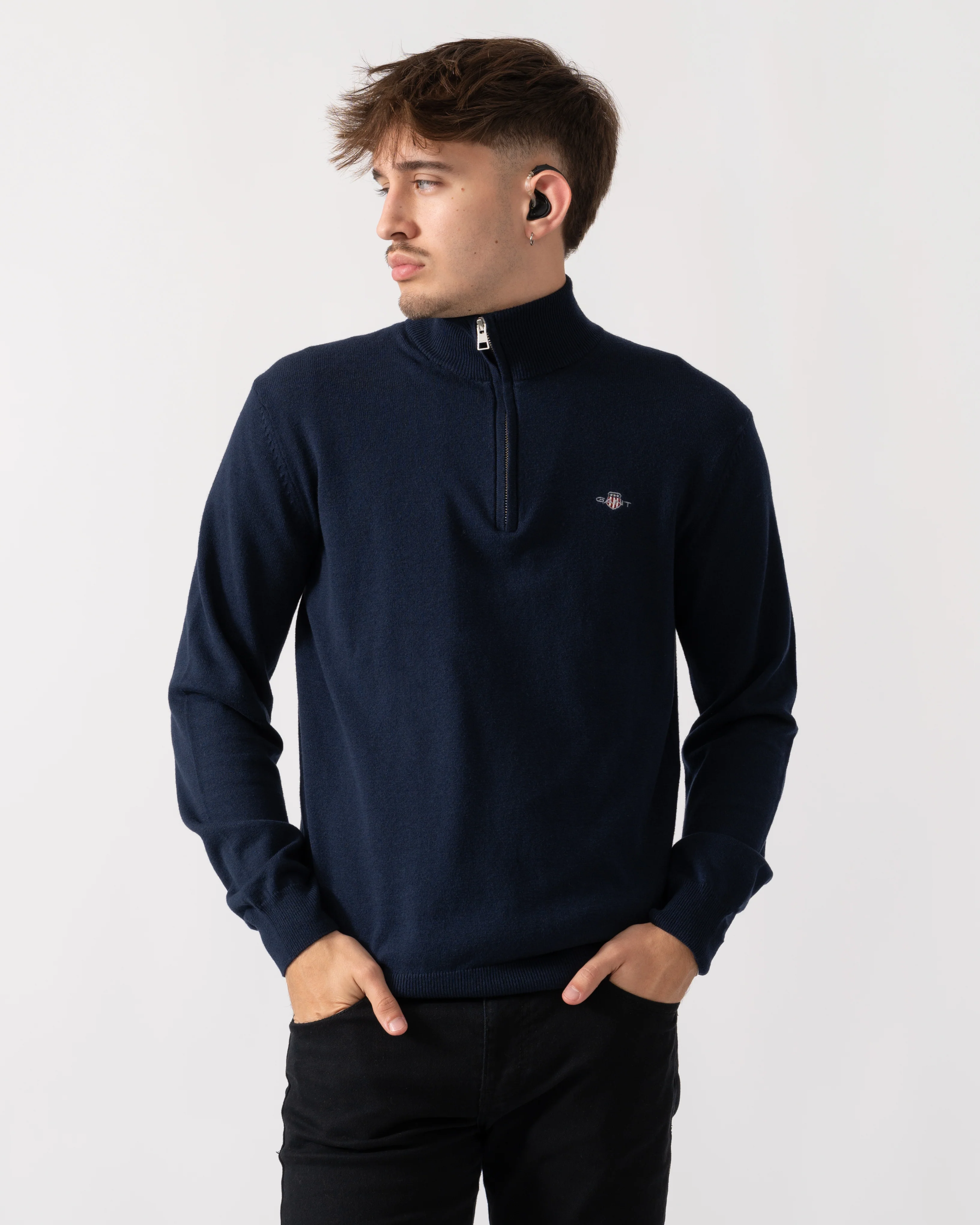 GANT Mens Cotton/Wool Blend Half Zip Jumper - 433 Evening Blue - Image 2