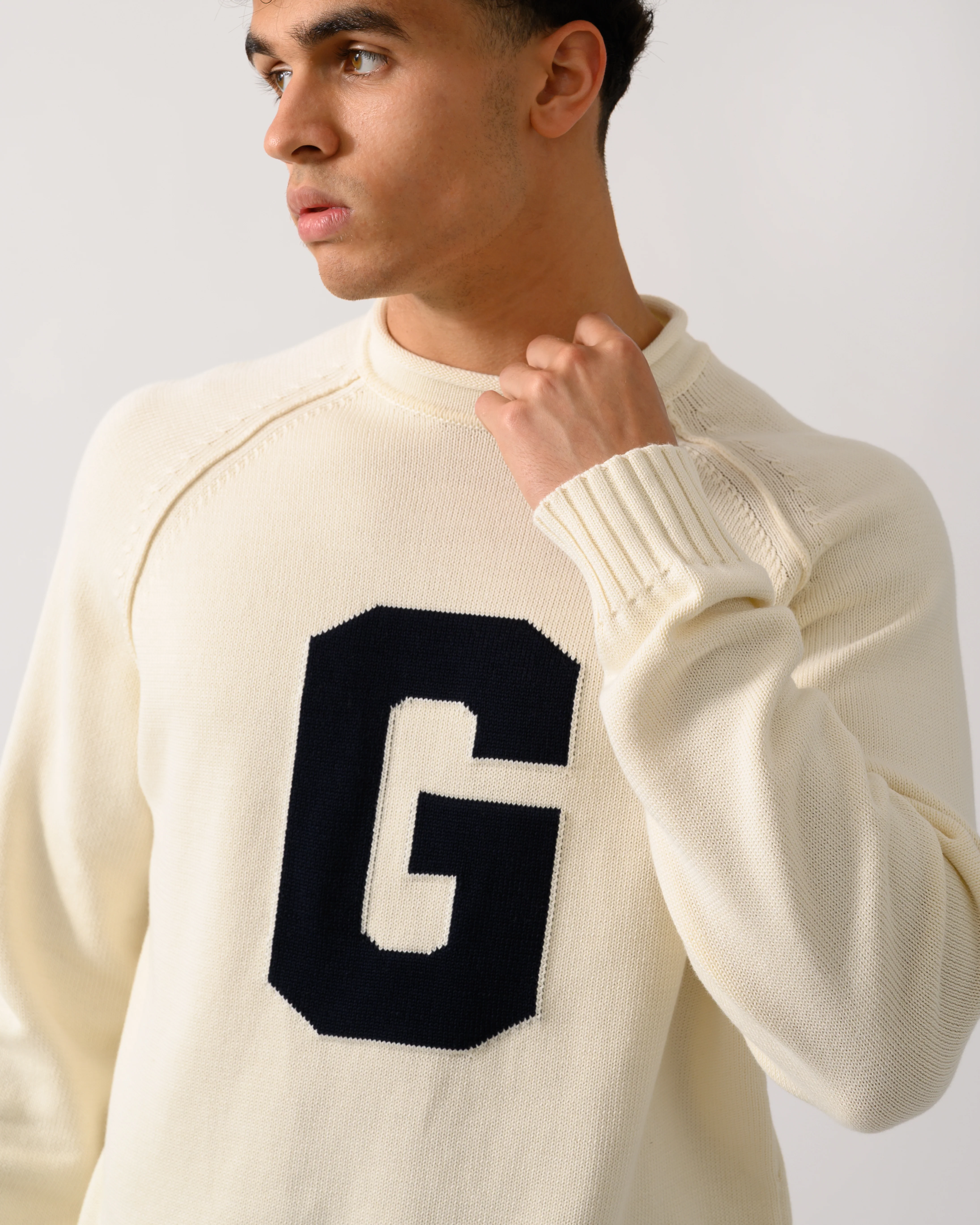 GANT Mens Intarsia G Logo Crew Neck Jumper - 130 Cream - Image 2