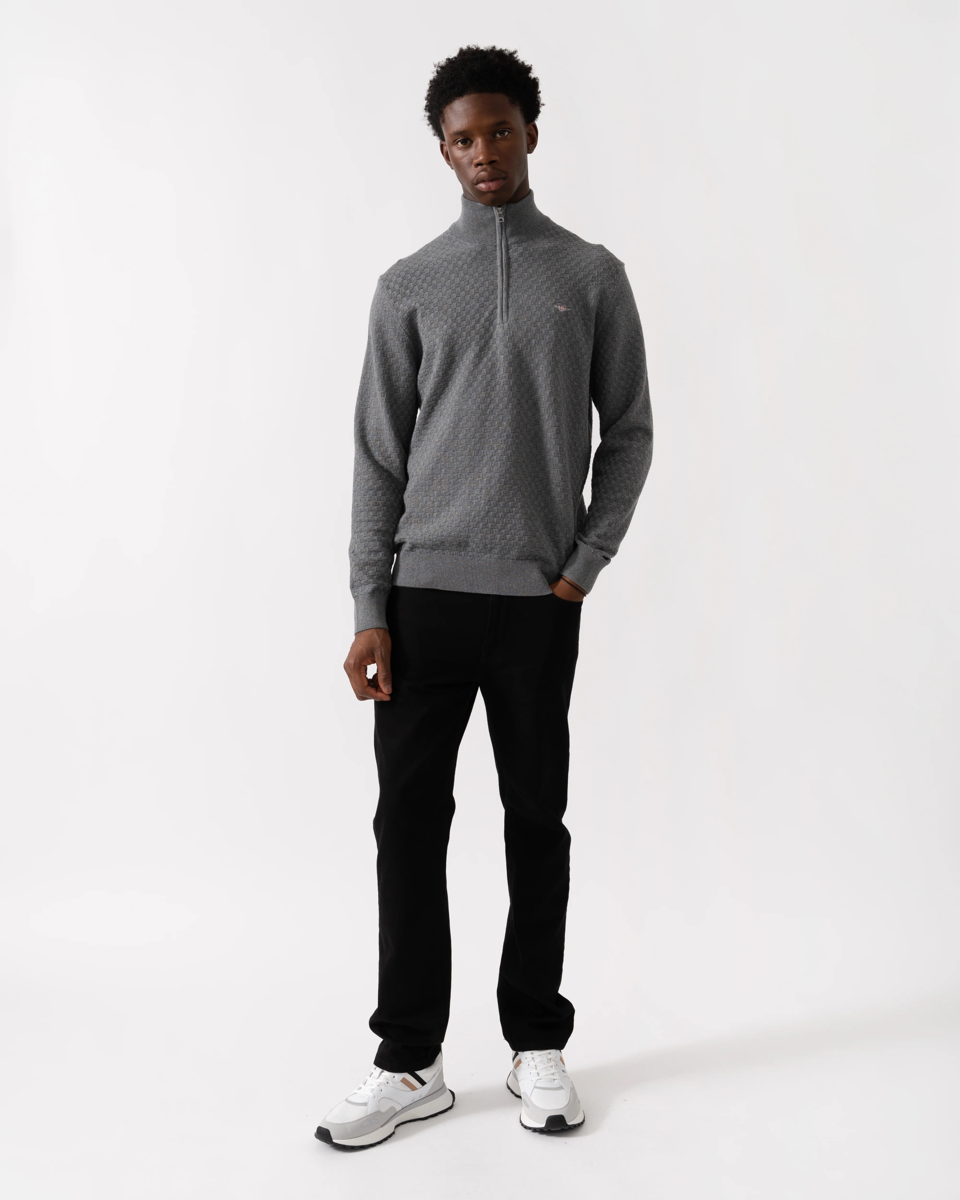 GANT Mens Micro Texture Half Zip Jumper - 92 Dark Grey Melange - Image 3