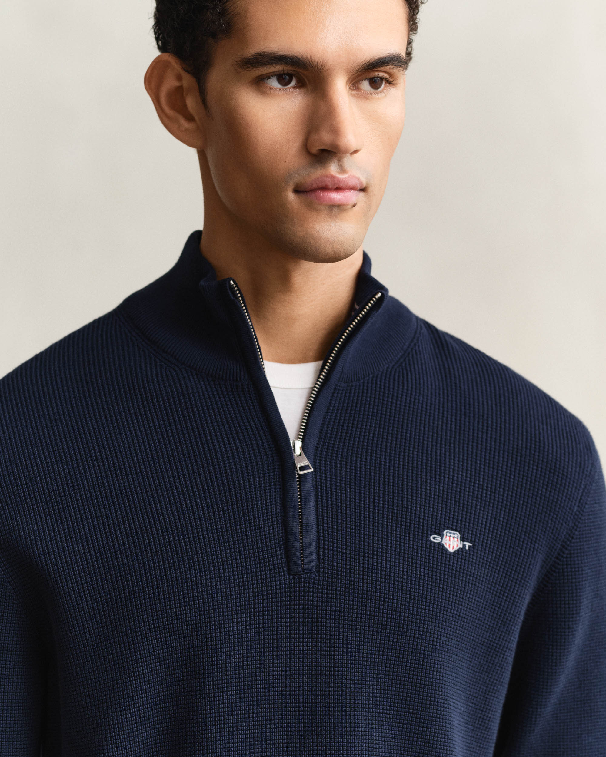 GANT Mens Micro Textured Cotton Half Zip - 433 Evening Blue - Image 2