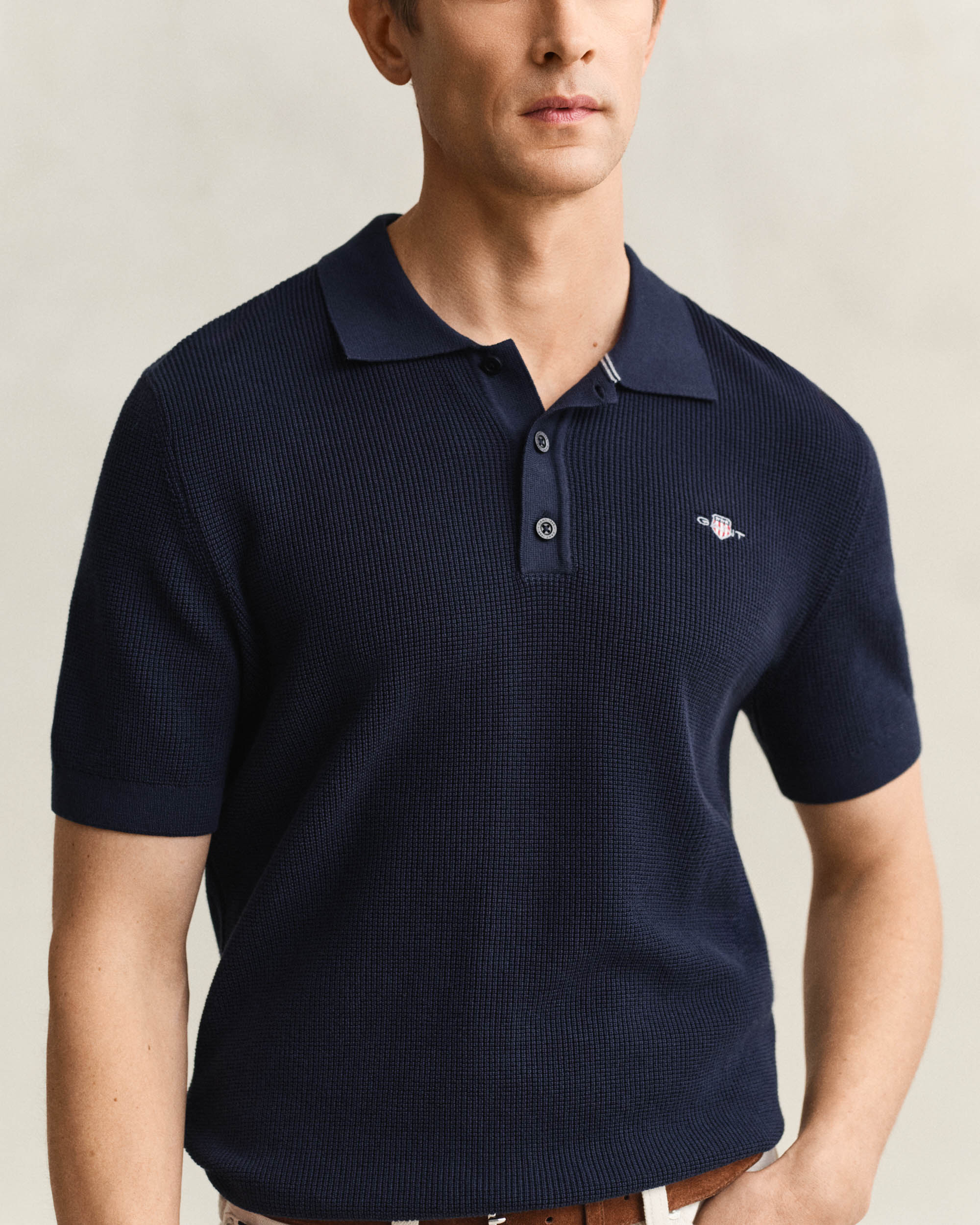GANT Mens Micro Textured Cotton Short Sleeve Polo - 433 Evening Blue - Image 2